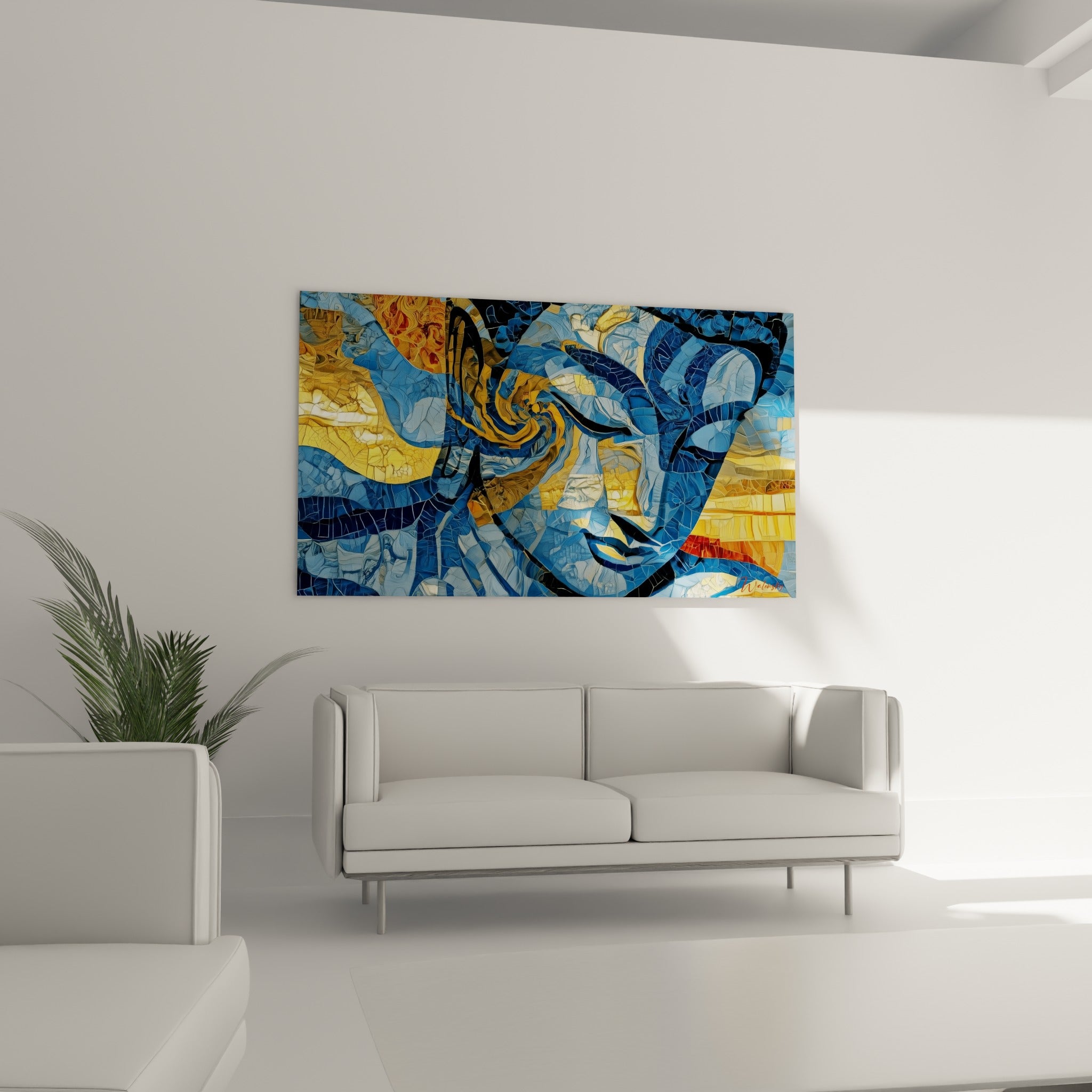 Portrait de Bouddha bleu marine et doré au-dessus d'un canapé dans un salon lumineux
