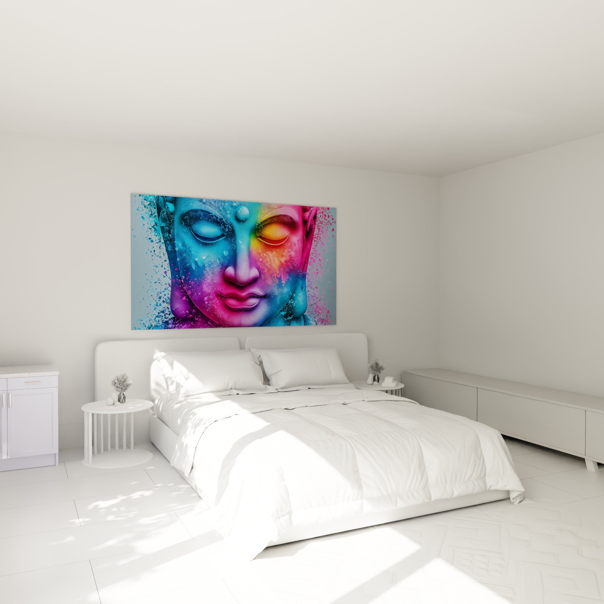 Bouddha aux teintes bleues et roses, méditation sereine, au-dessus d'un lit dans une chambre claire