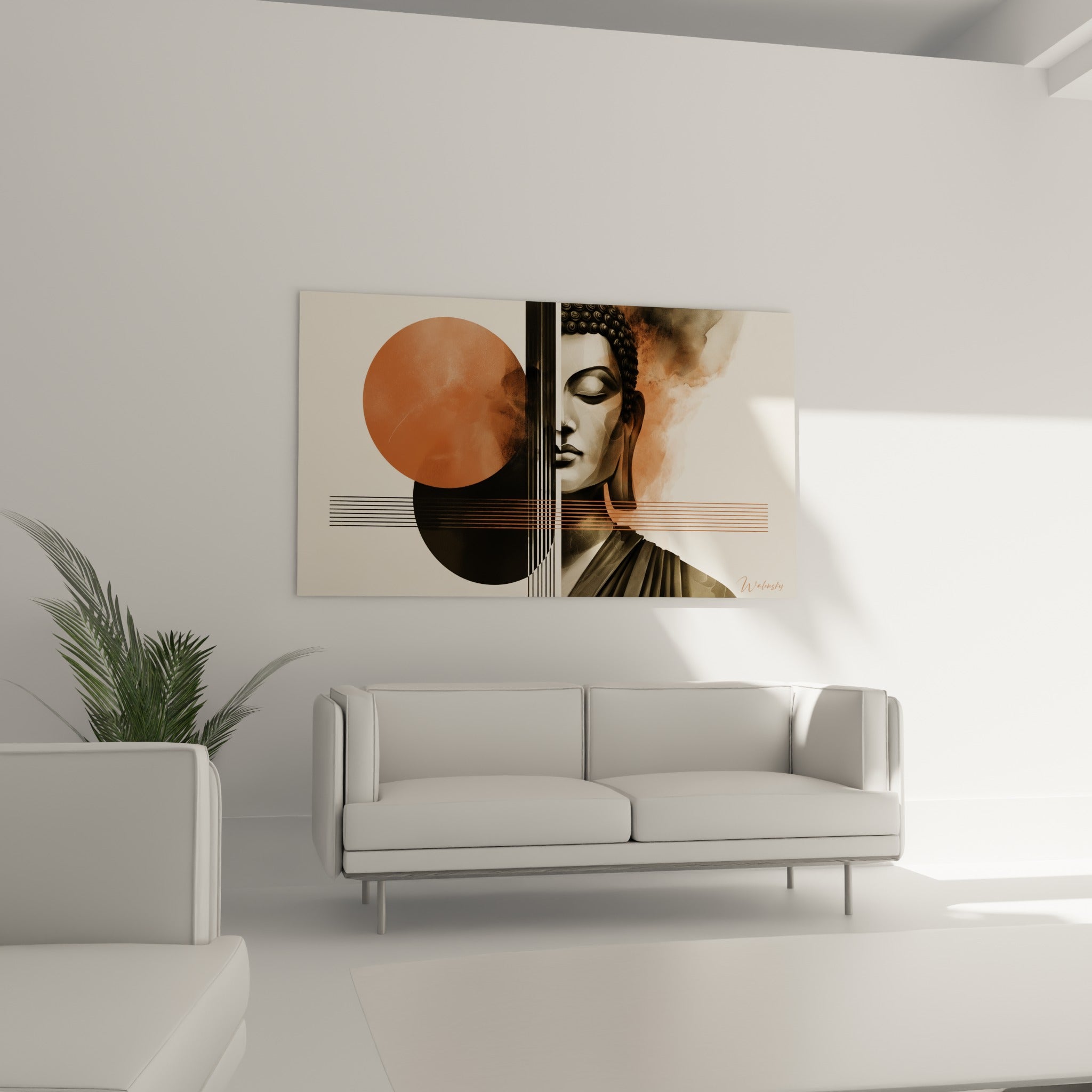 Bouddha méditatif entouré de fumée orangée et lignes noires, au-dessus d'un canapé dans un salon lumineux