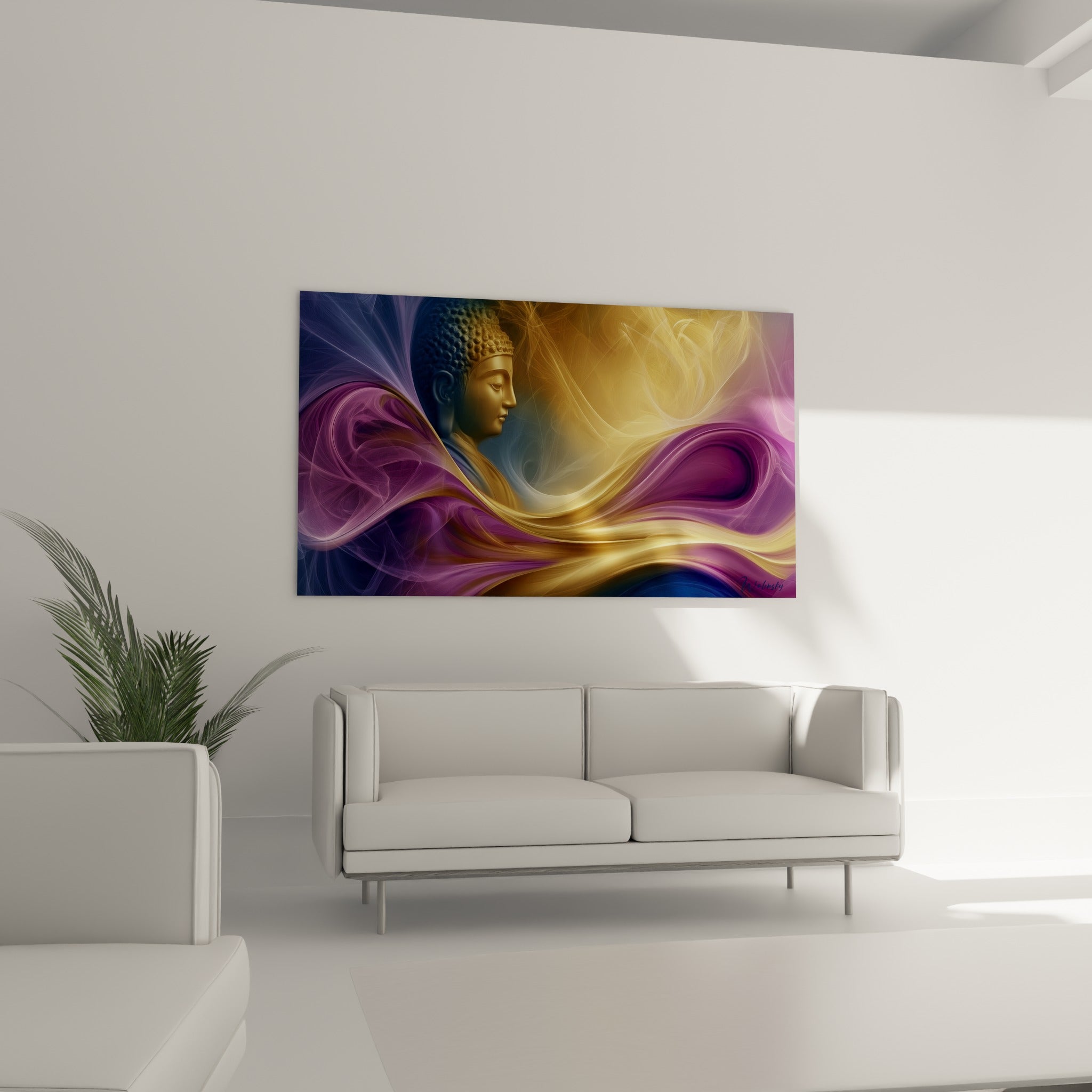 Figure méditative de Bouddha entourée de fumée violette et ocre, au-dessus d'un canapé dans un salon lumineux