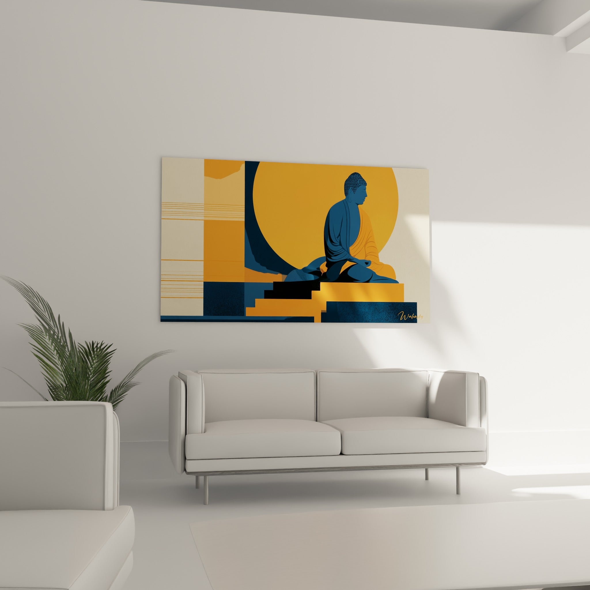 Figure du Bouddha en aplats bleu marine et orange, placée au-dessus d'un canapé dans un salon lumineux