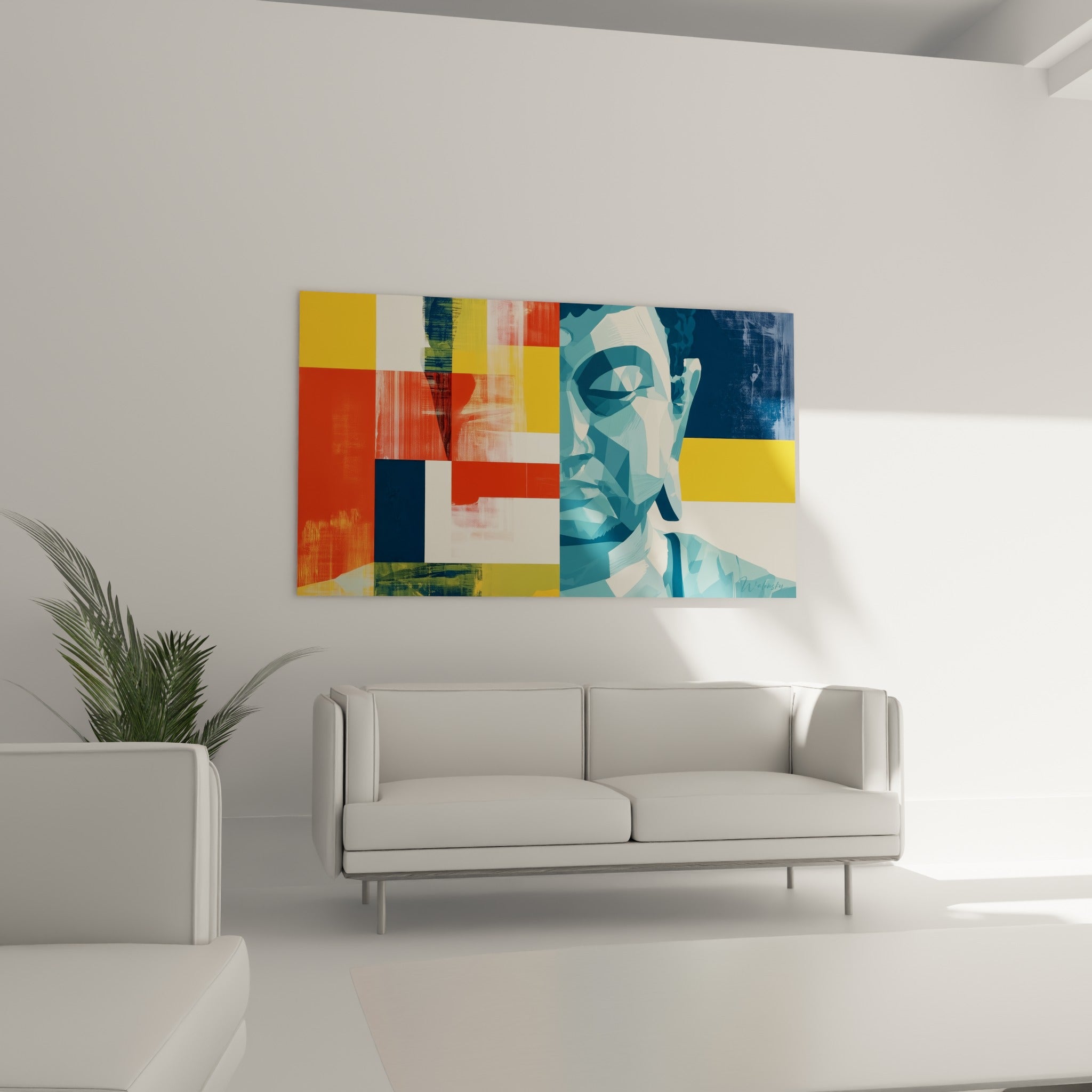 Portrait de Bouddha géométrique bleu turquoise sur aplats orange, au-dessus d'un canapé dans un salon lumineux