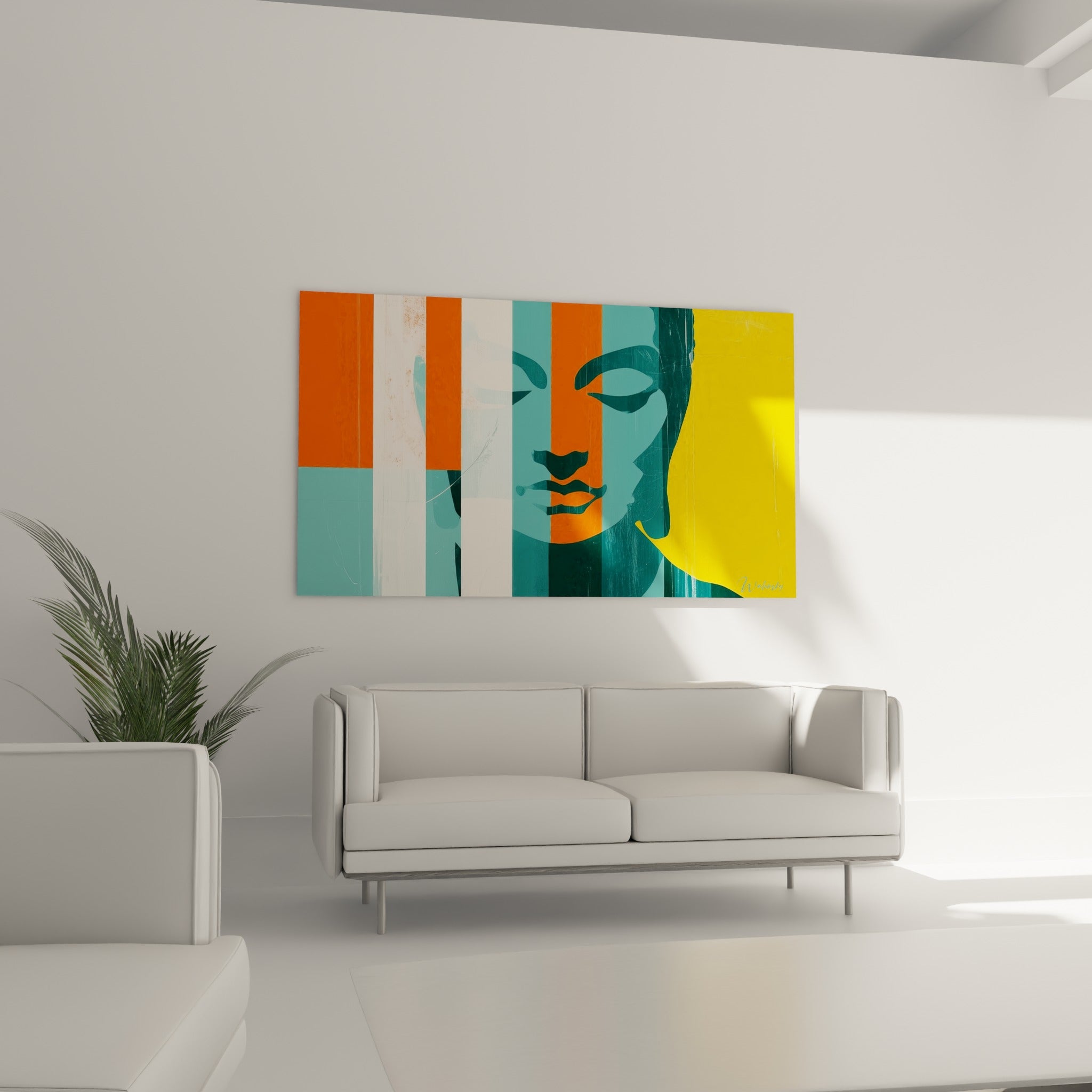 Bouddha méditatif aux tons orange et bleu-vert, suspendu au-dessus d'un canapé dans un salon lumineux