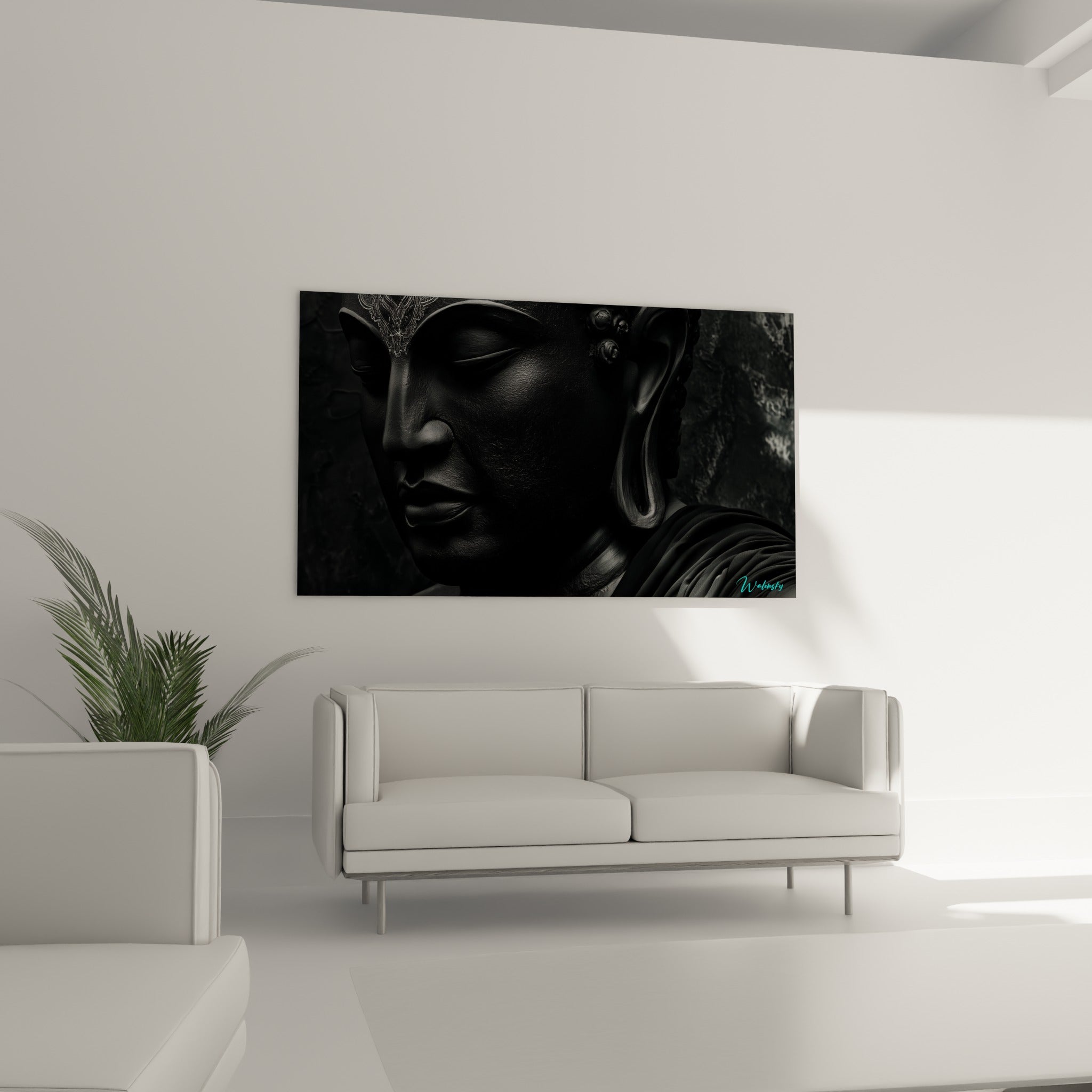 Bouddha anthracite au regard baissé et lignes graphiques fines au-dessus d'un canapé dans un salon lumineux