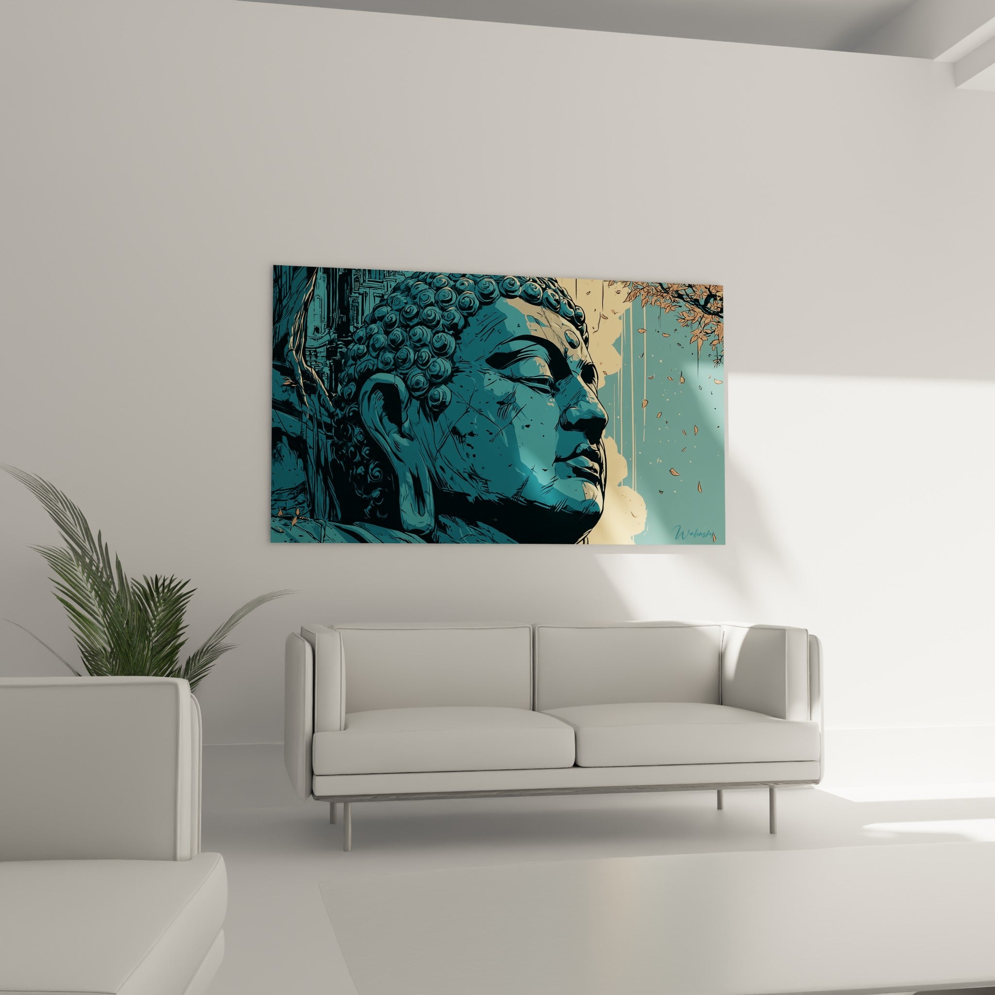 Profil de Bouddha aux tons bleu pétrole et ocre, traits graphiques marqués, au-dessus d'un canapé dans un salon lumineux