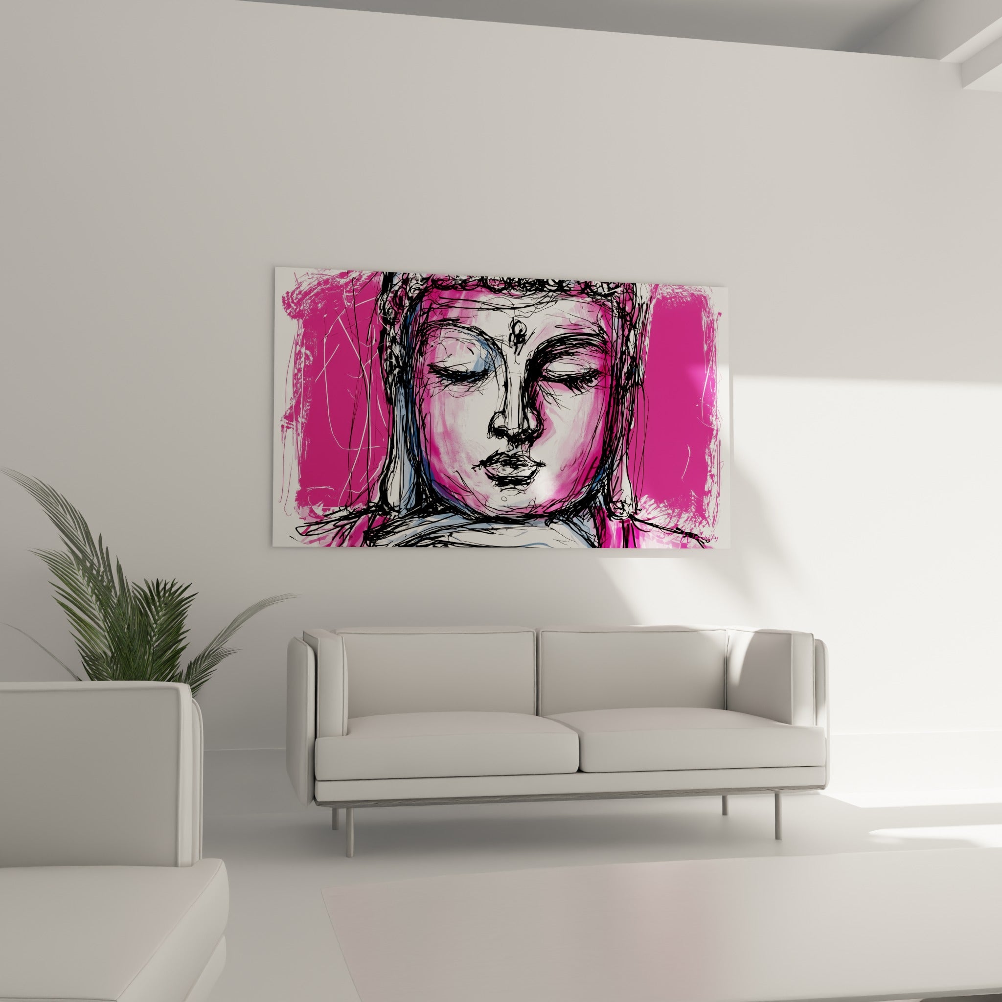 Portrait de Bouddha en méditation, tons roses et noirs contrastés, au-dessus d'un canapé dans un salon lumineux