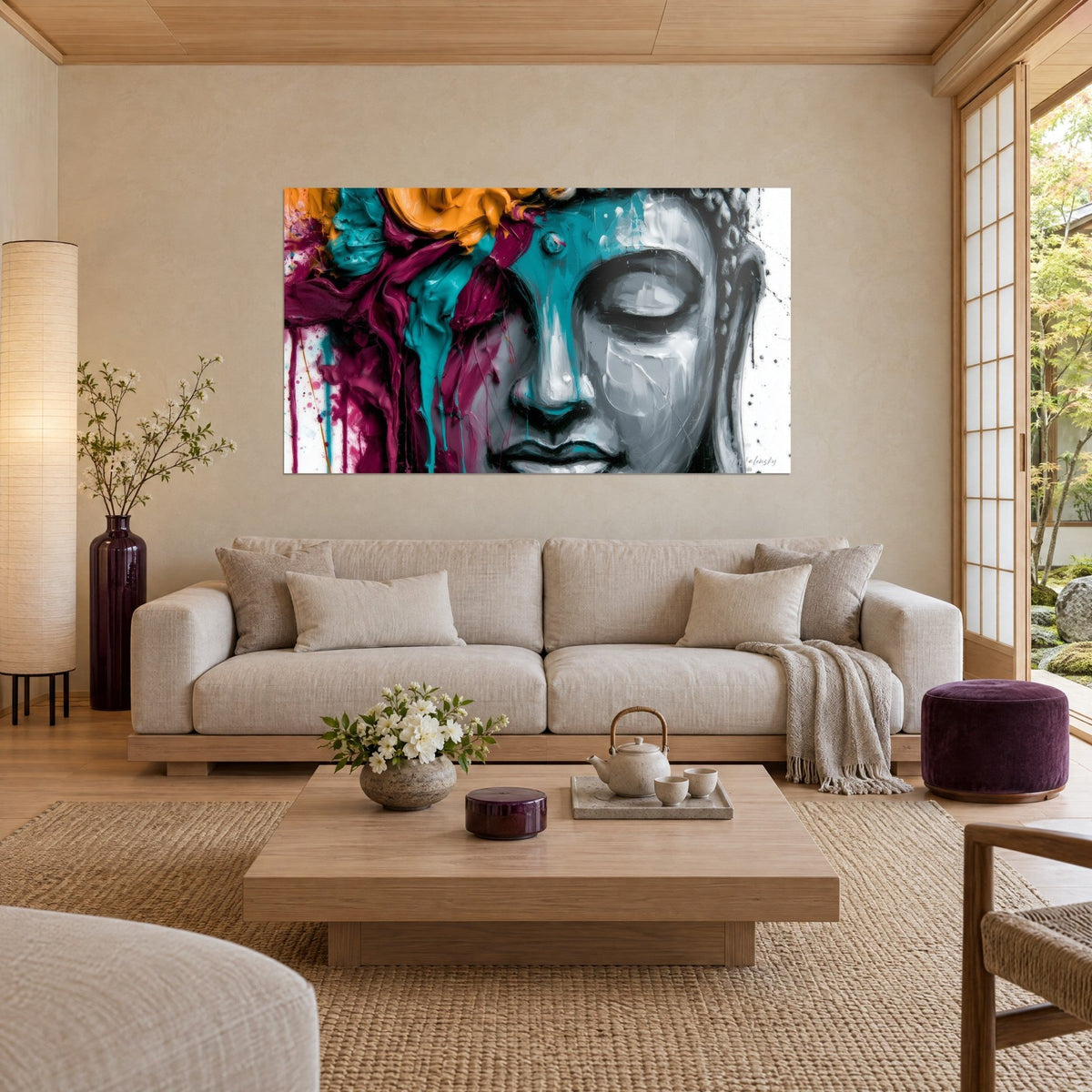 Tableau visage de Bouddha aux paupières closes, gris et turquoise, coulures pourpres et ocre, au-dessus d'un canapé dans un salon lumineux