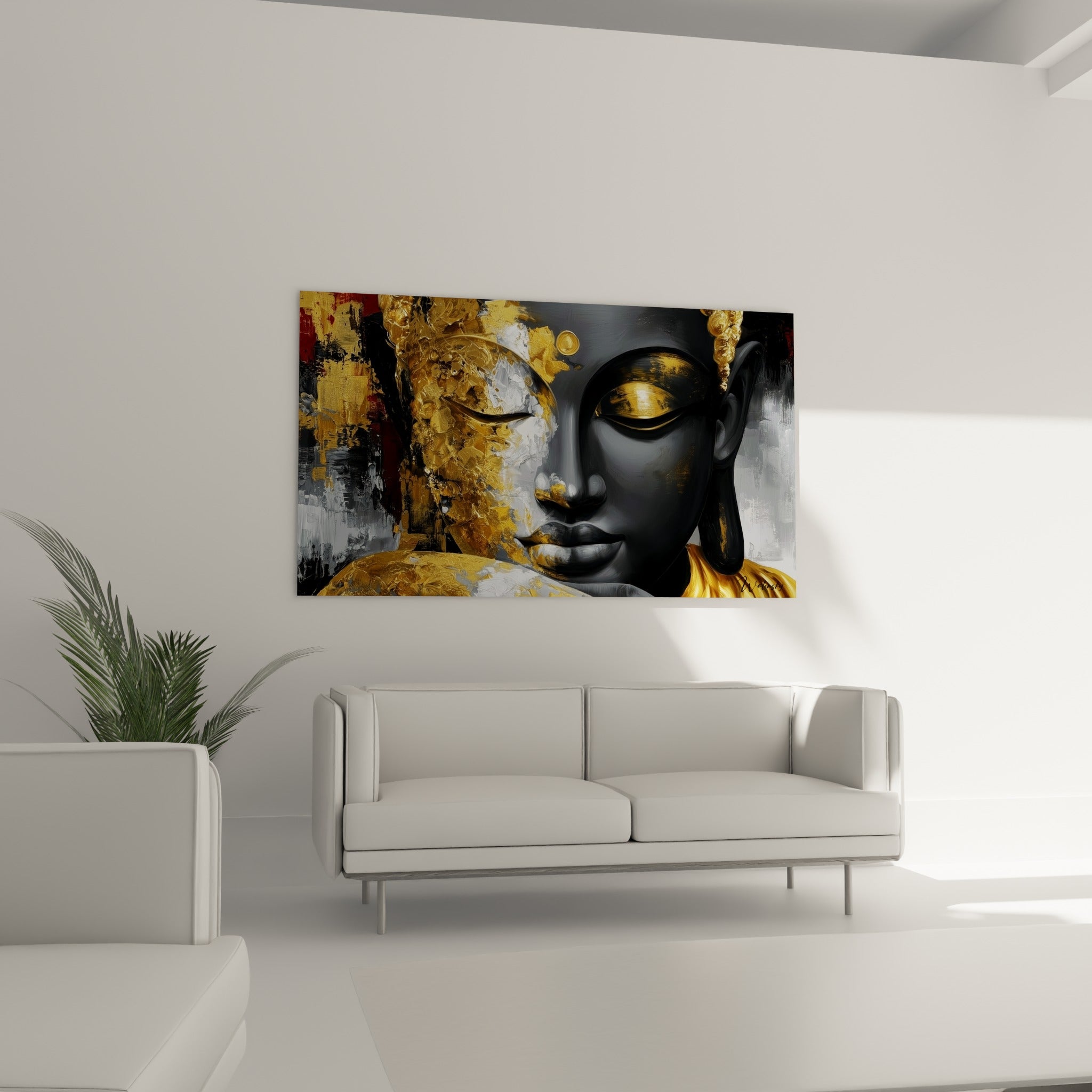 Méditation du Bouddha anthracite aux reflets dorés au-dessus d'un canapé dans un salon lumineux