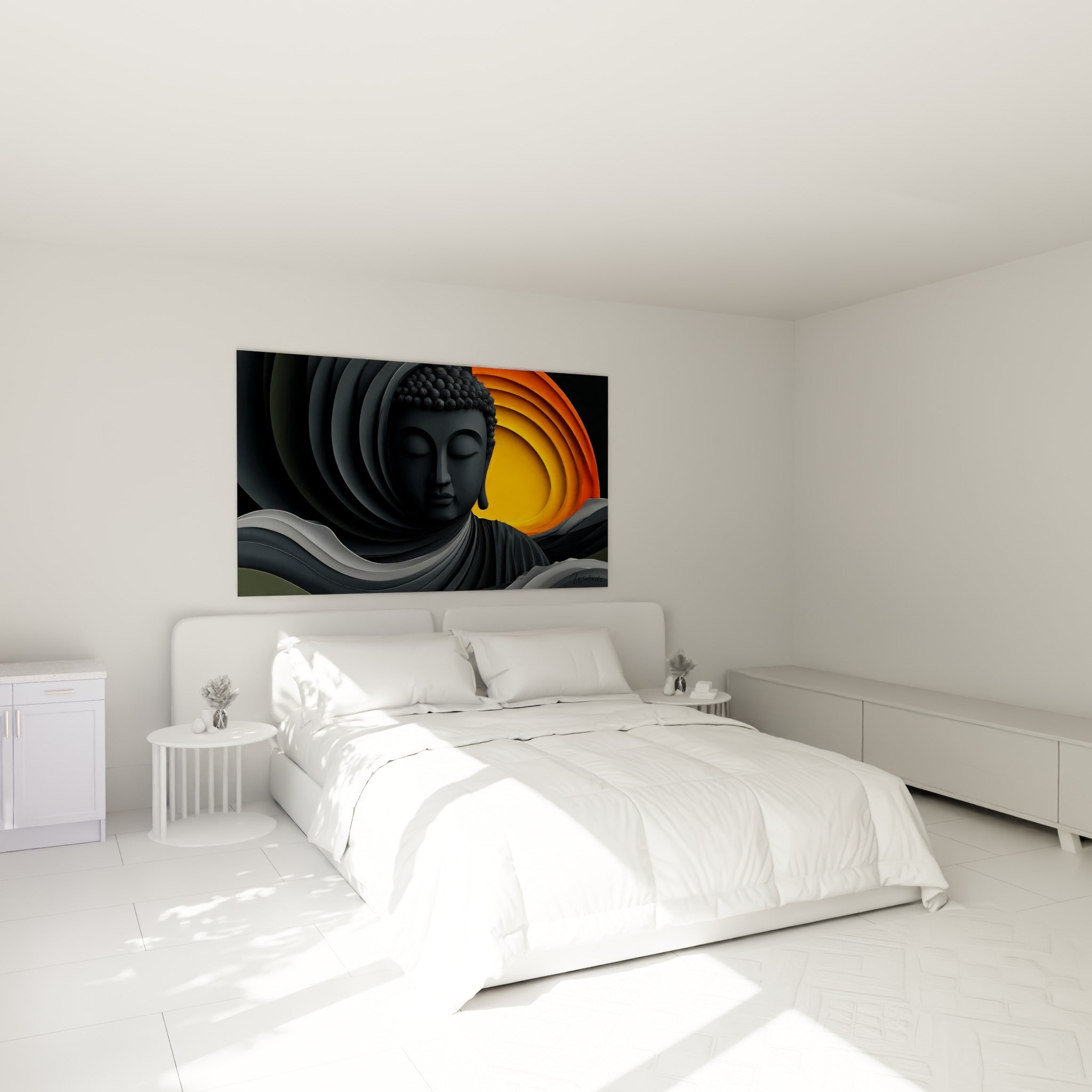 Bouddha au drapé gris ondulant et halo orange accroché au-dessus d'un lit dans une chambre claire