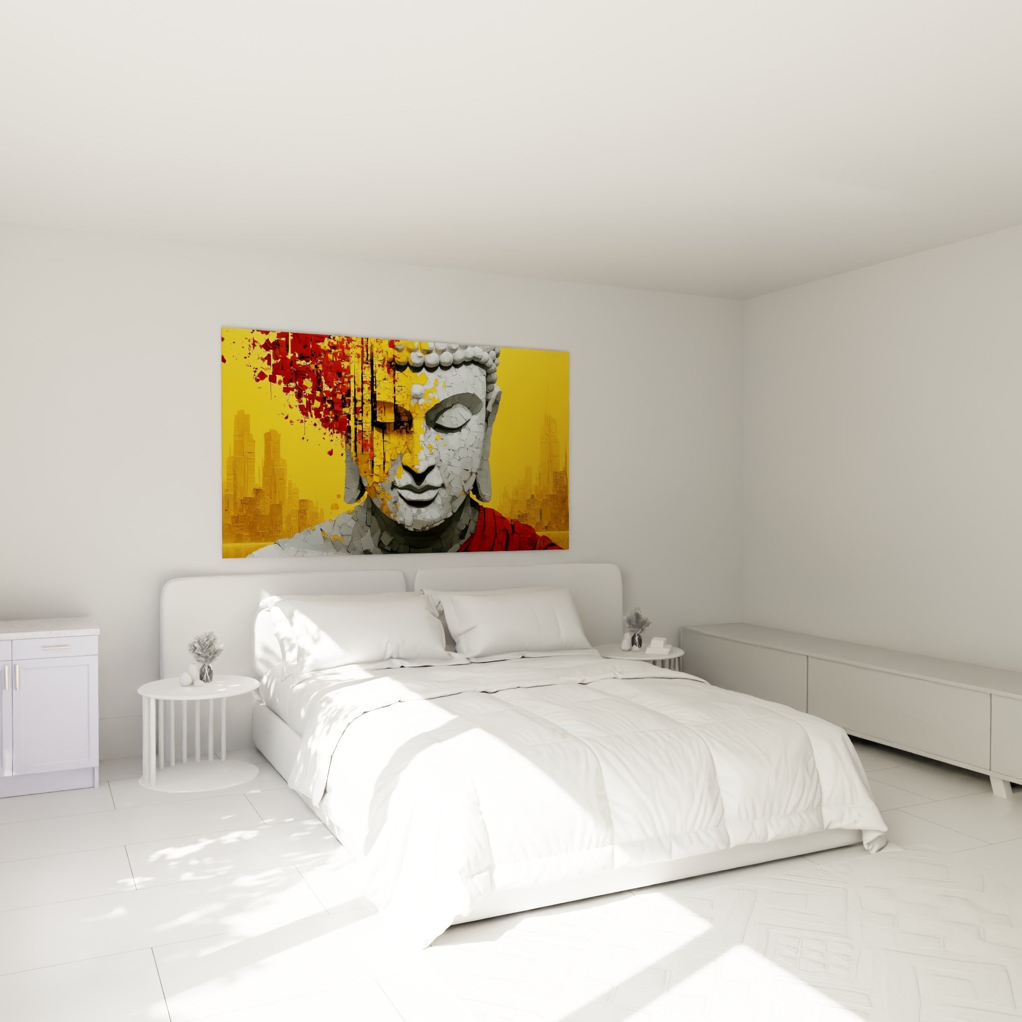 Sérénité du Bouddha gris et rouge accrochée au-dessus d'un lit dans une chambre claire