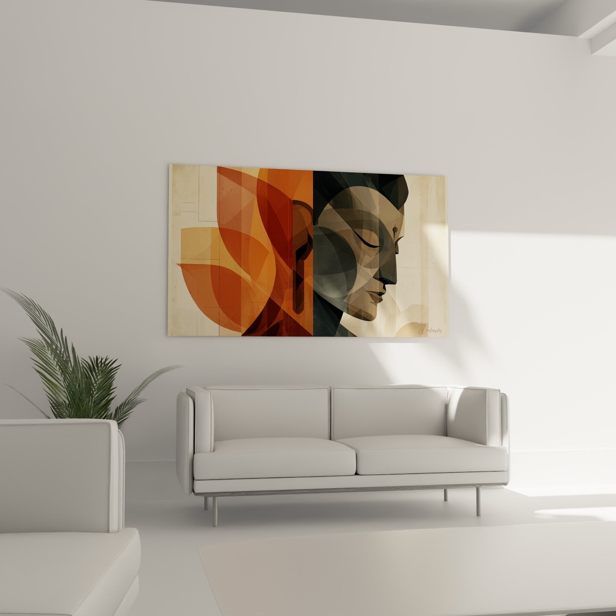 Visage de Bouddha anthracite et motif terracotta au-dessus d'un canapé dans un salon lumineux