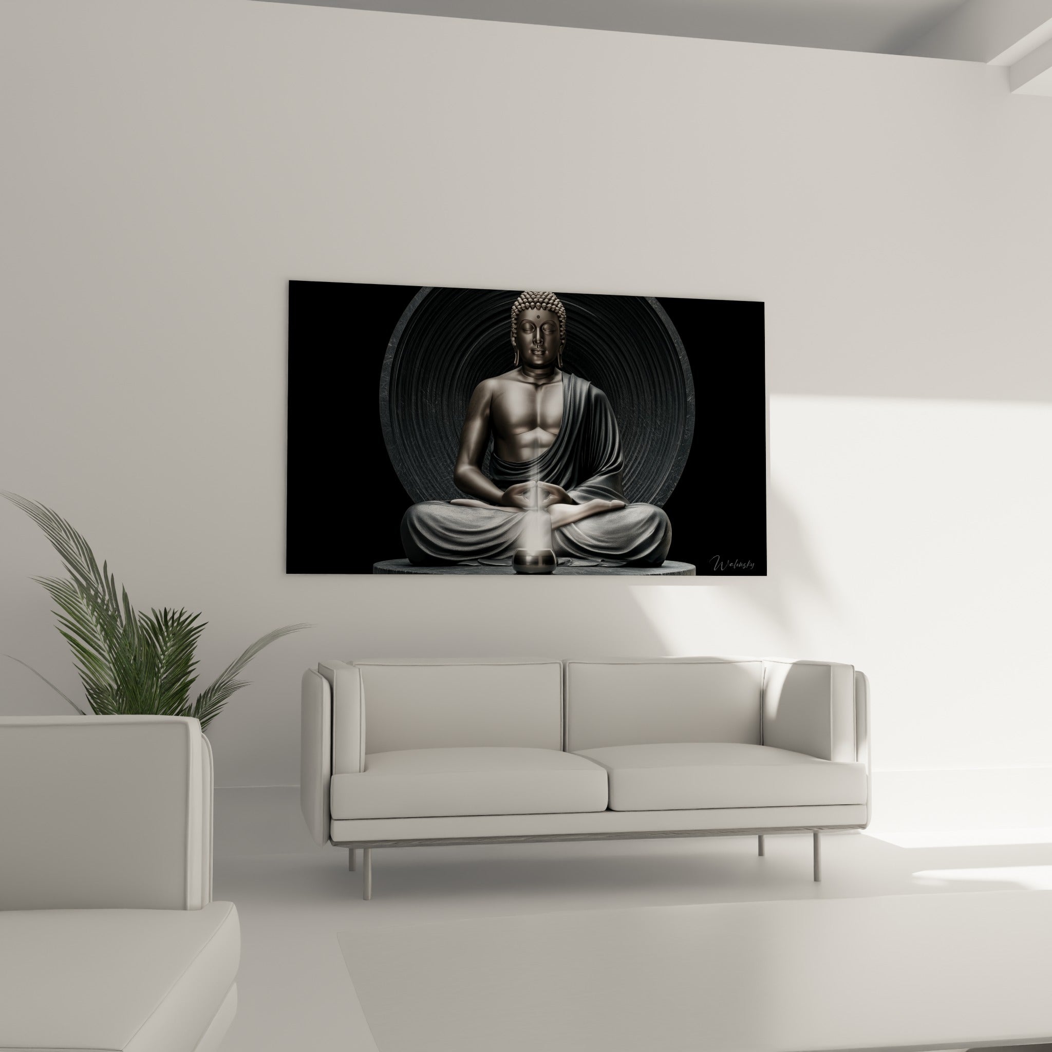 Statue de Bouddha anthracite au visage serein, drapé sculptural gris, au-dessus d'un canapé dans un salon lumineux