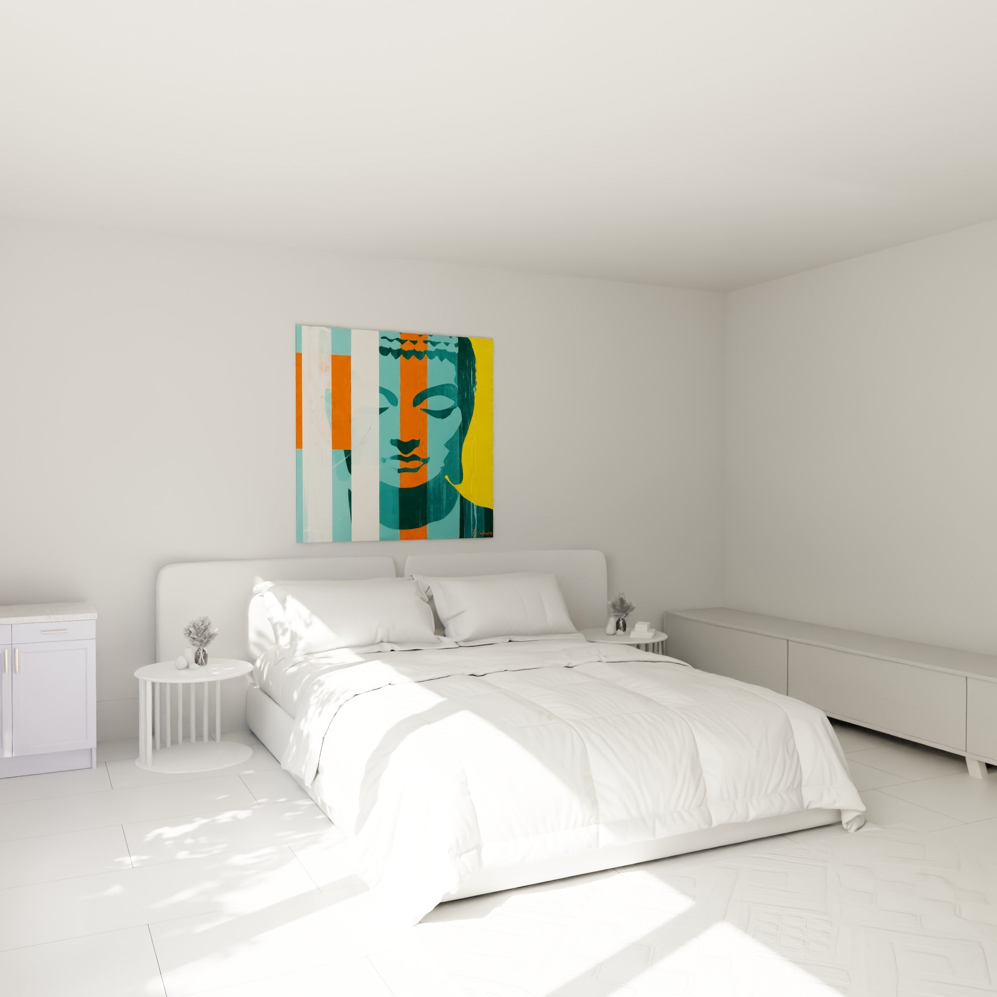 Visage bouddhique turquoise et orange au-dessus d'un lit dans une chambre claire