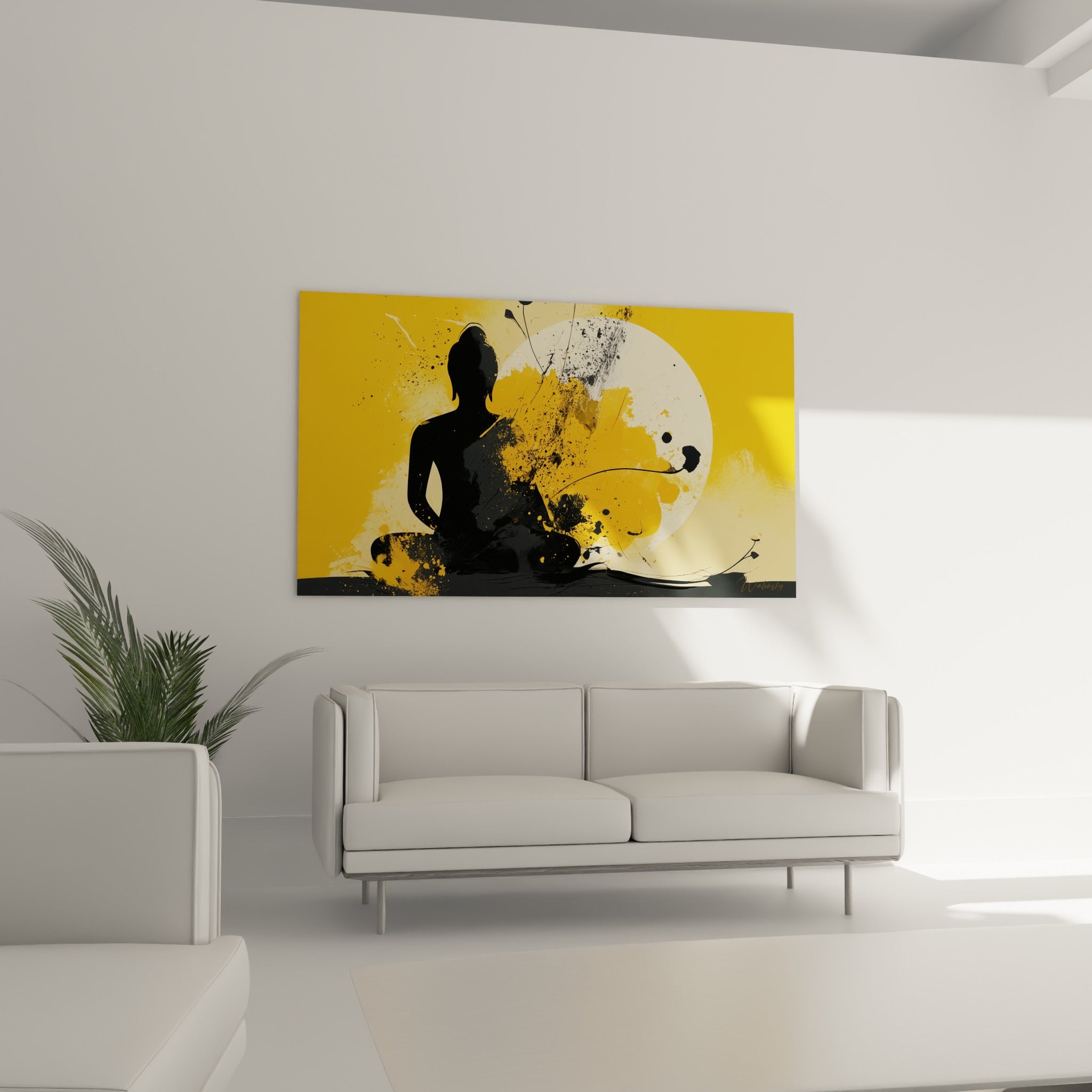 Figure de Bouddha ocre et anthracite en posture de méditation au-dessus d'un canapé dans un salon lumineux