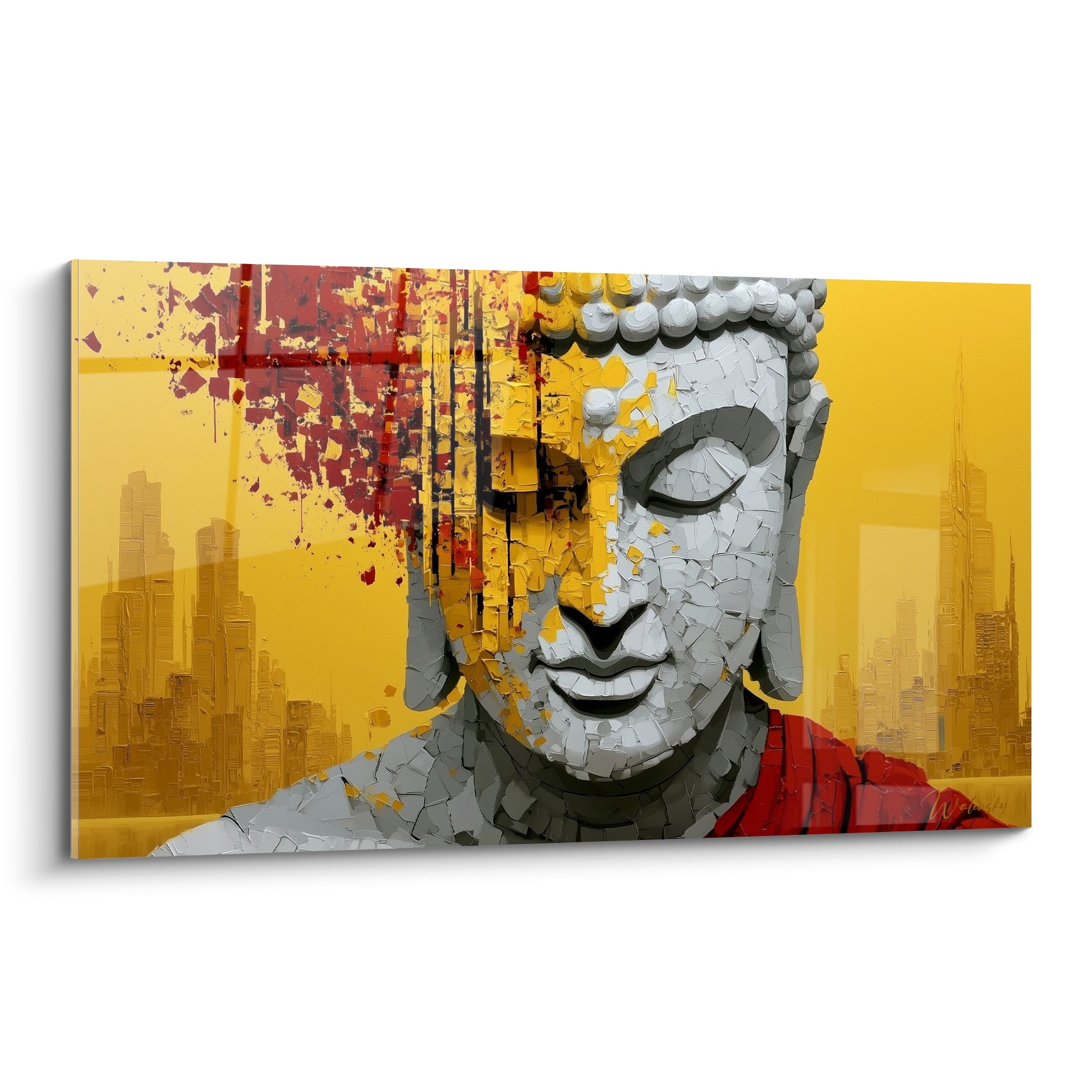 Visage de Bouddha gris texturé sur fond jaune ocre traversé d'éclats rouges