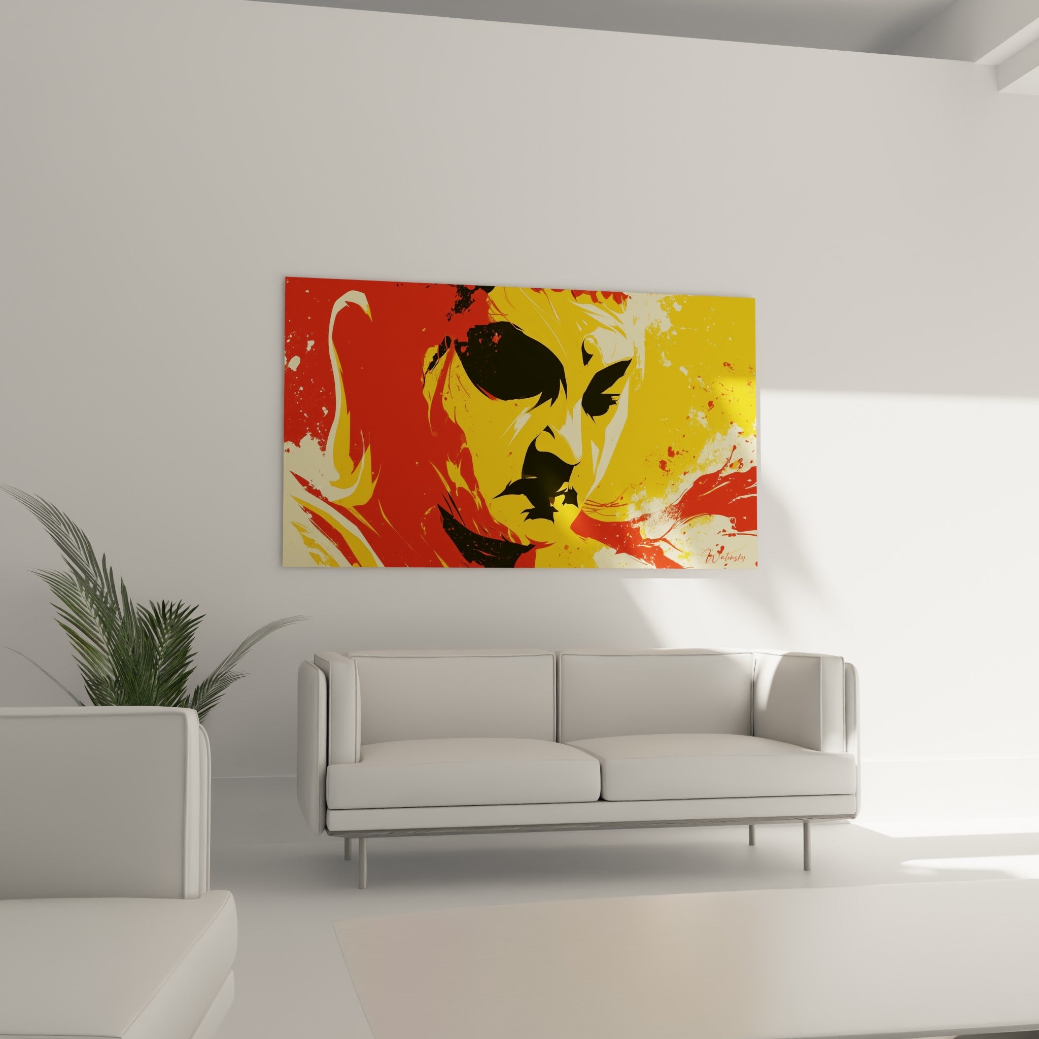 Bouddha éclaboussé de rouge et jaune vif accroché au-dessus d'un canapé dans un salon lumineux