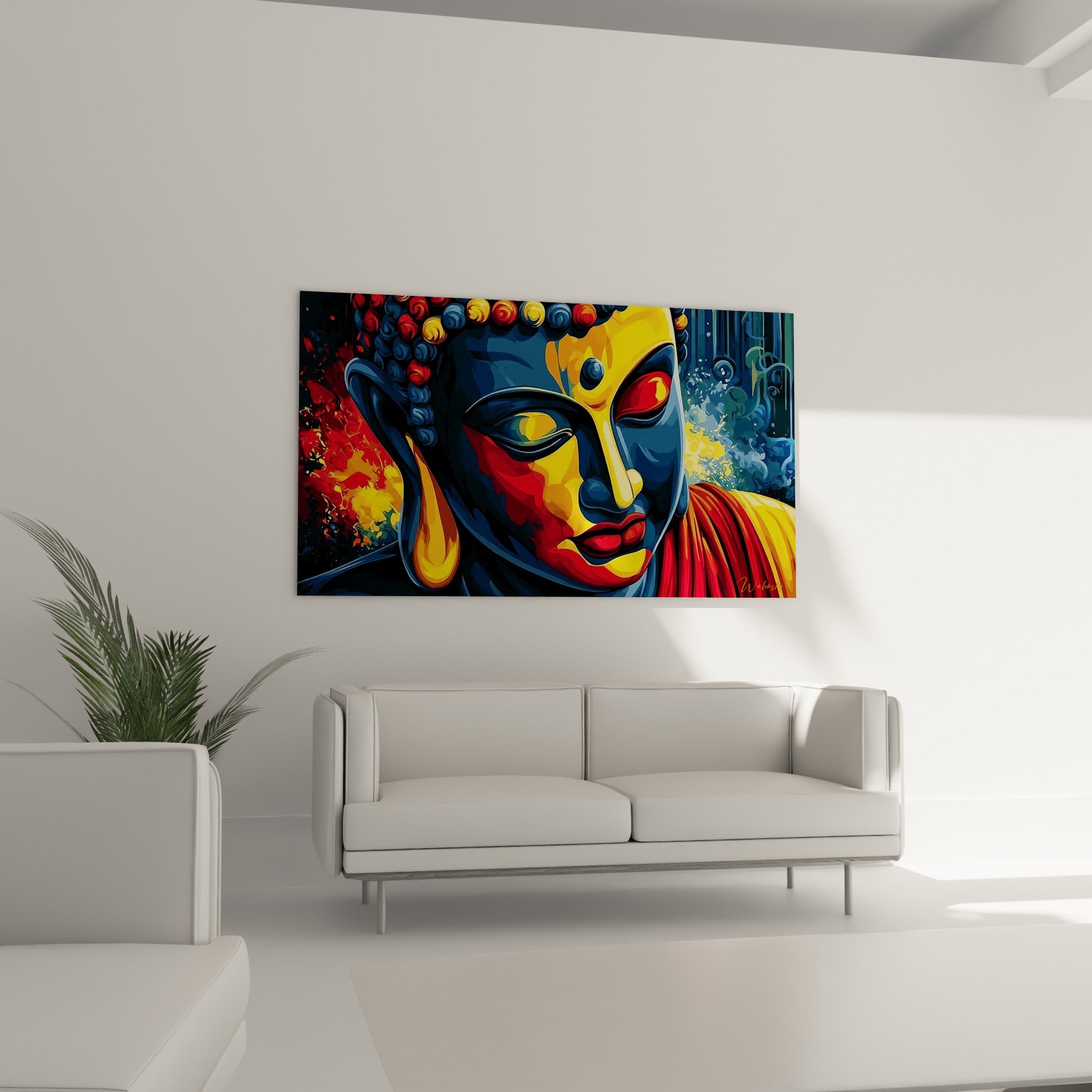 Bouddha bleu anthracite et doré aux lèvres rouges, au-dessus d'un canapé dans un salon lumineux