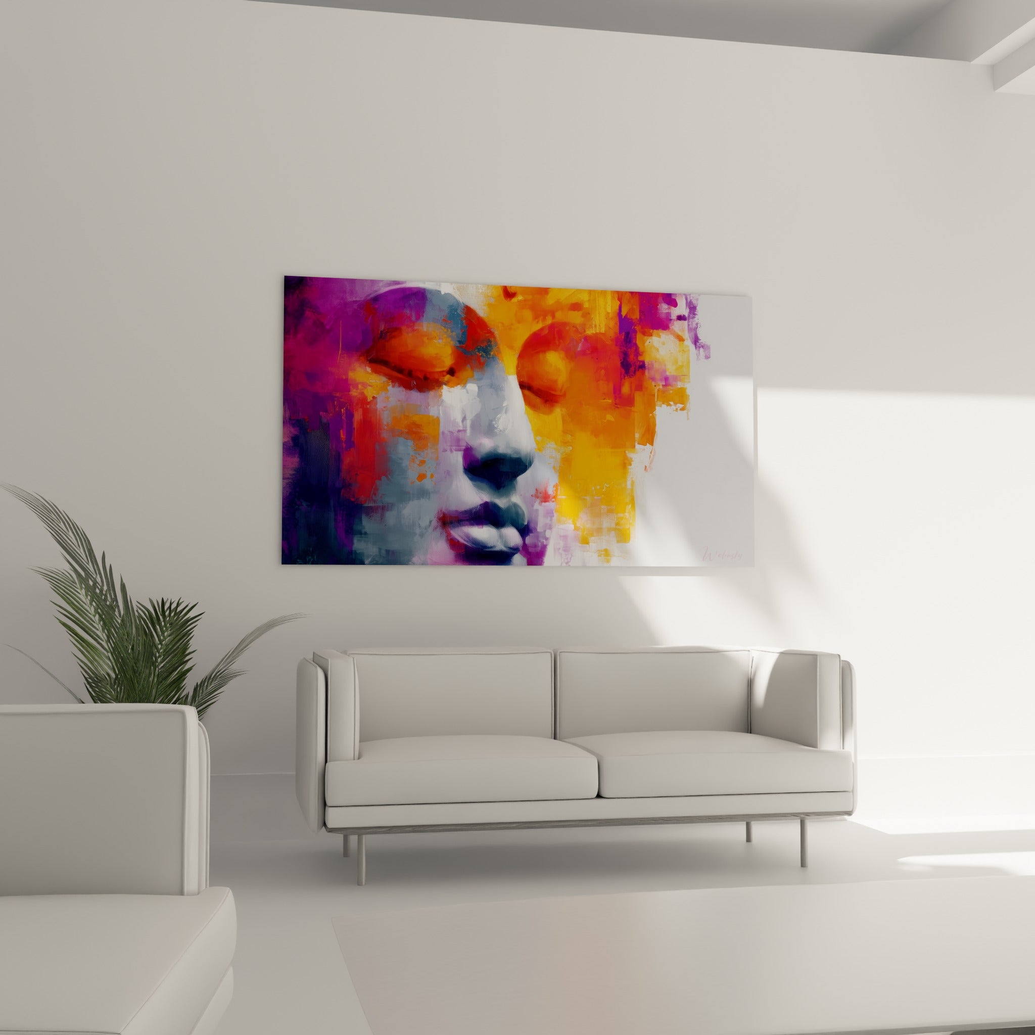 Bouddha aux teintes orange et magenta, traits paisibles, au-dessus d'un canapé dans un salon lumineux