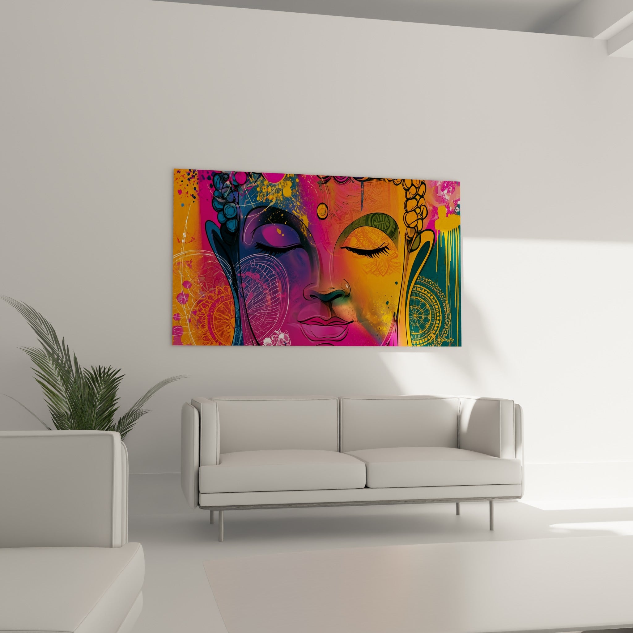 Portrait de Bouddha serein en safran et magenta, au-dessus d'un canapé dans un salon lumineux