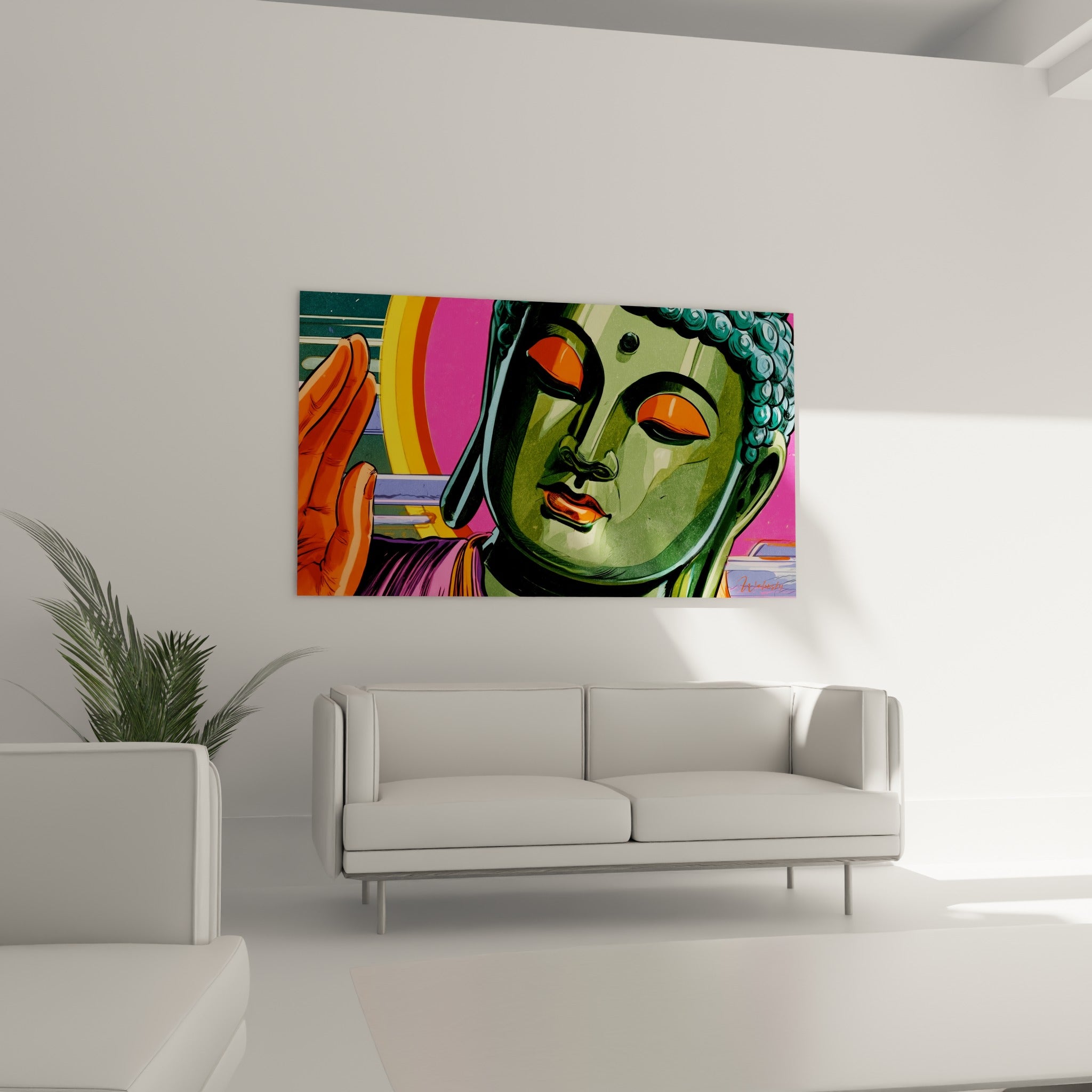 Bouddha aux teintes fuchsia et vertes, geste de la main orangée, au-dessus d'un canapé dans un salon lumineux