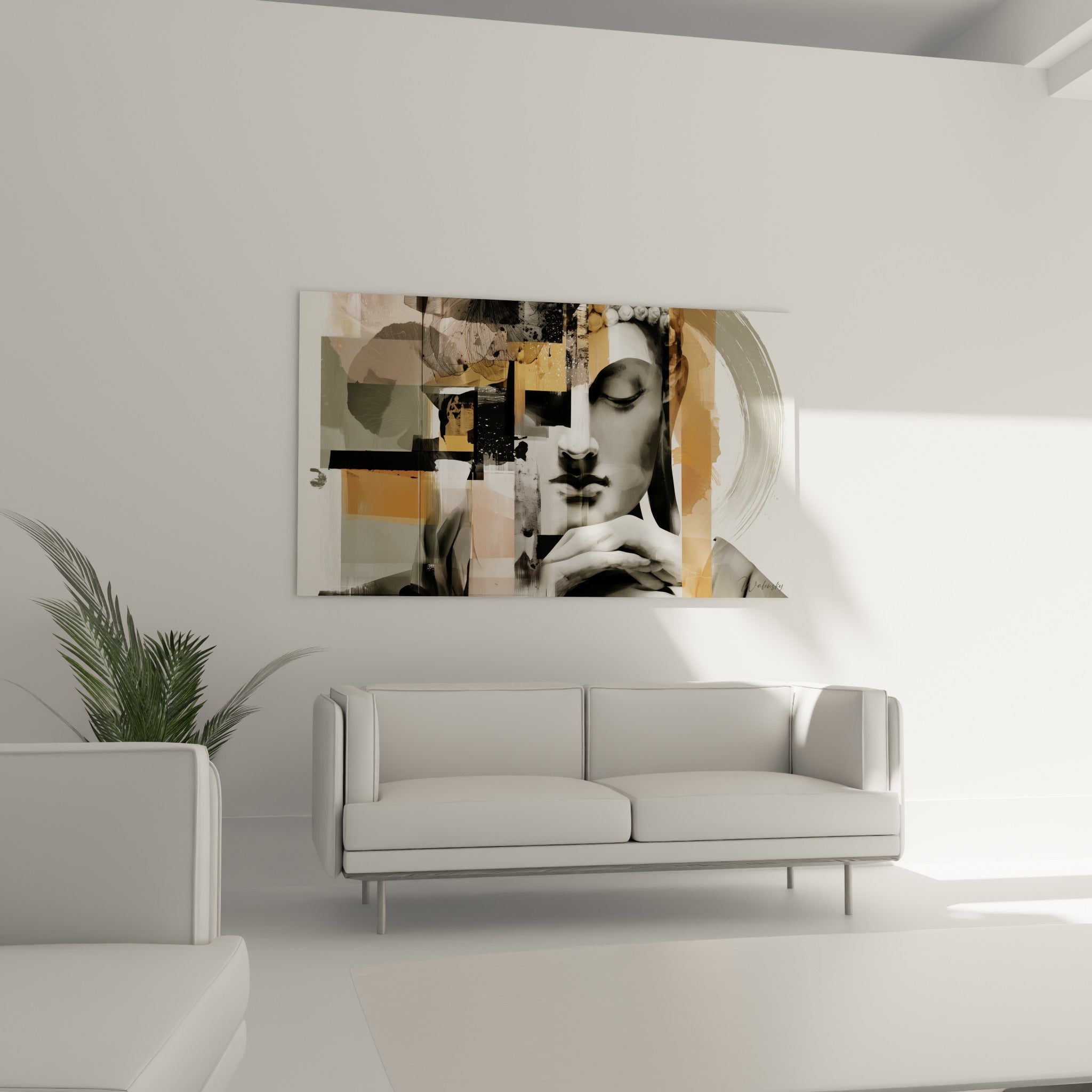 Portrait de Bouddha méditatif aux tons anthracite et ocre, au-dessus d'un canapé dans un salon lumineux