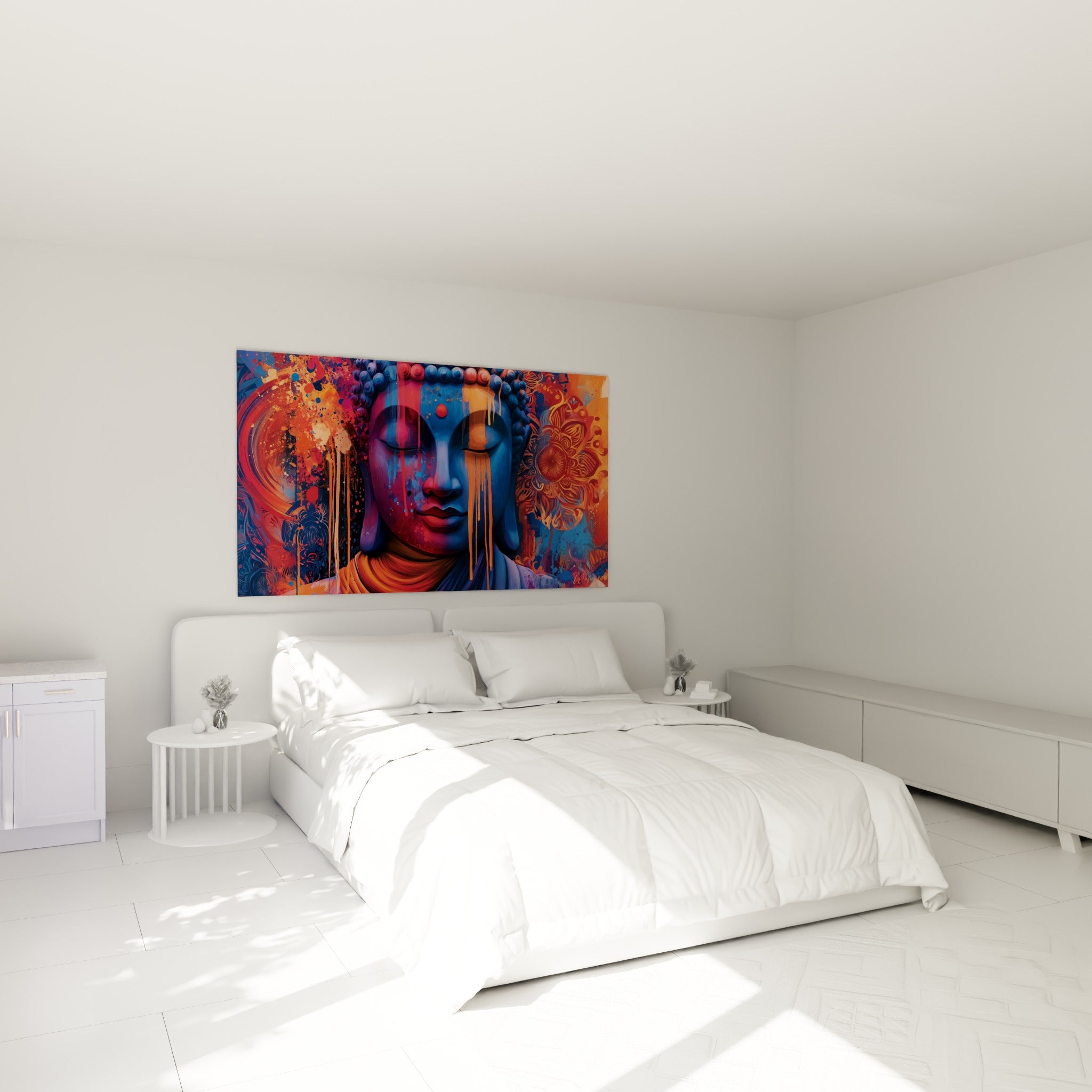 Sérénité du Bouddha bleu et terracotta, coulures orange, accroché au-dessus d'un lit dans une chambre claire