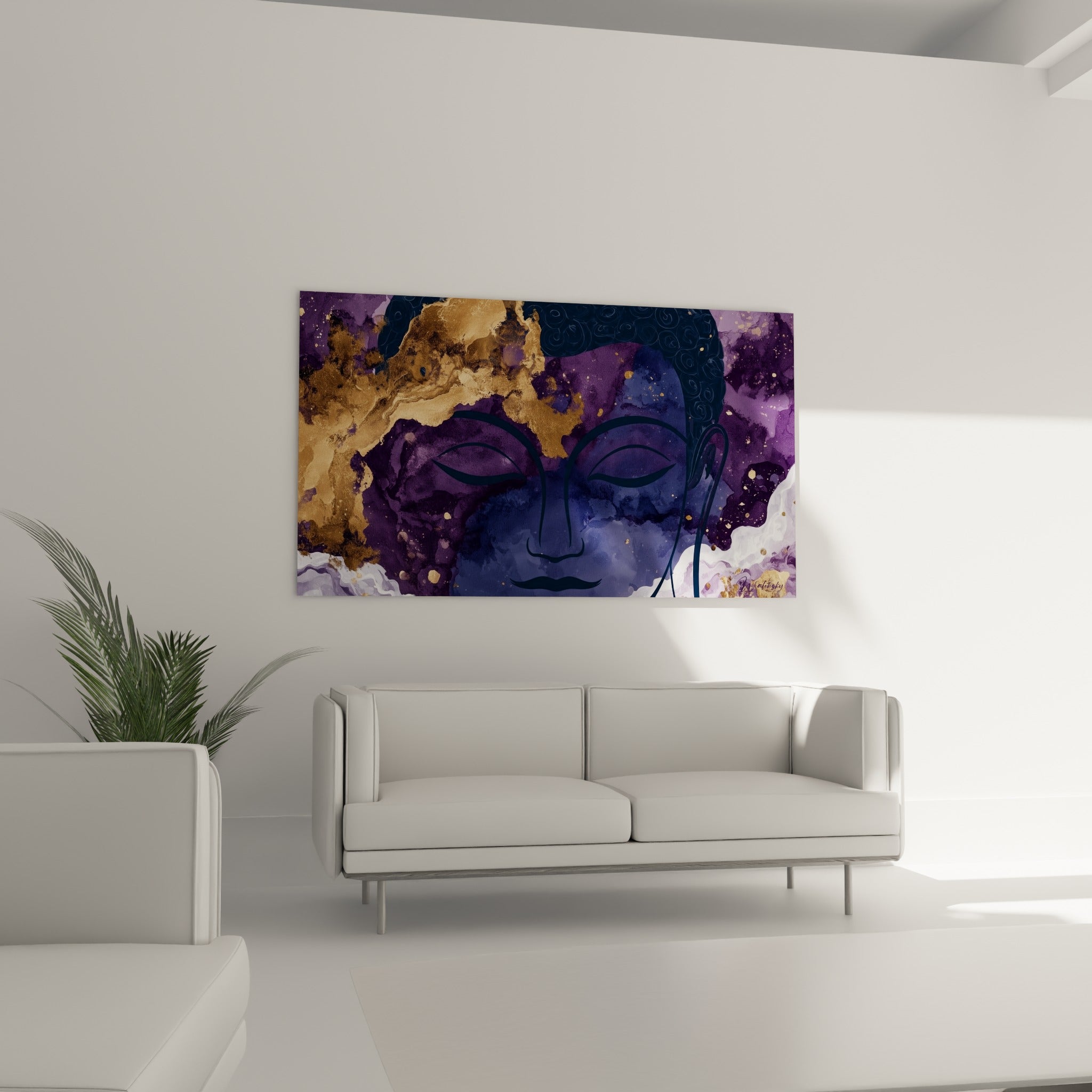 Bouddha méditatif aux tons anthracite et ocre au-dessus d'un canapé dans un salon lumineux
