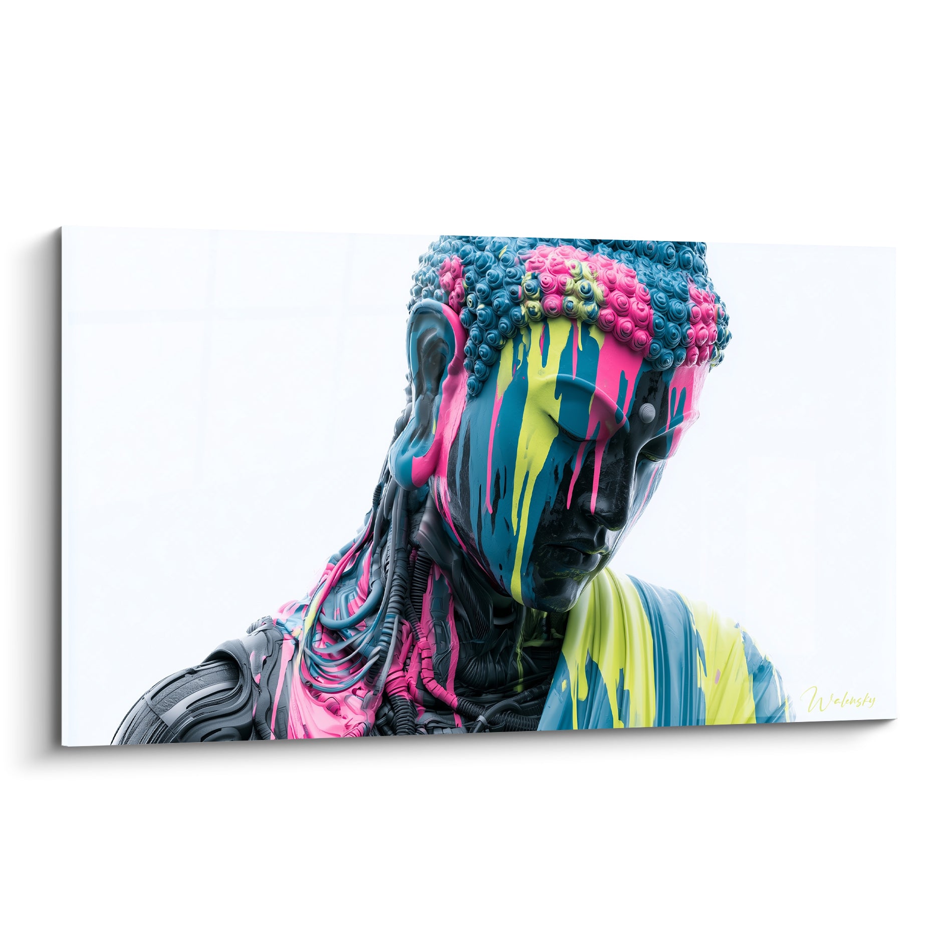 Bouddha mécanique au visage incliné, coulures rose fuchsia et bleu pétrole sur fond blanc