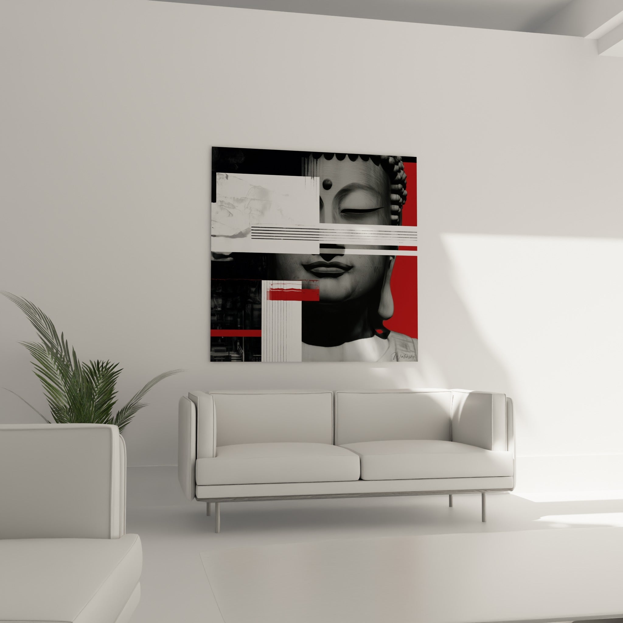 Figure méditative du Bouddha en noir et blanc rehaussée de rouge, au-dessus d'un canapé dans un salon lumineux