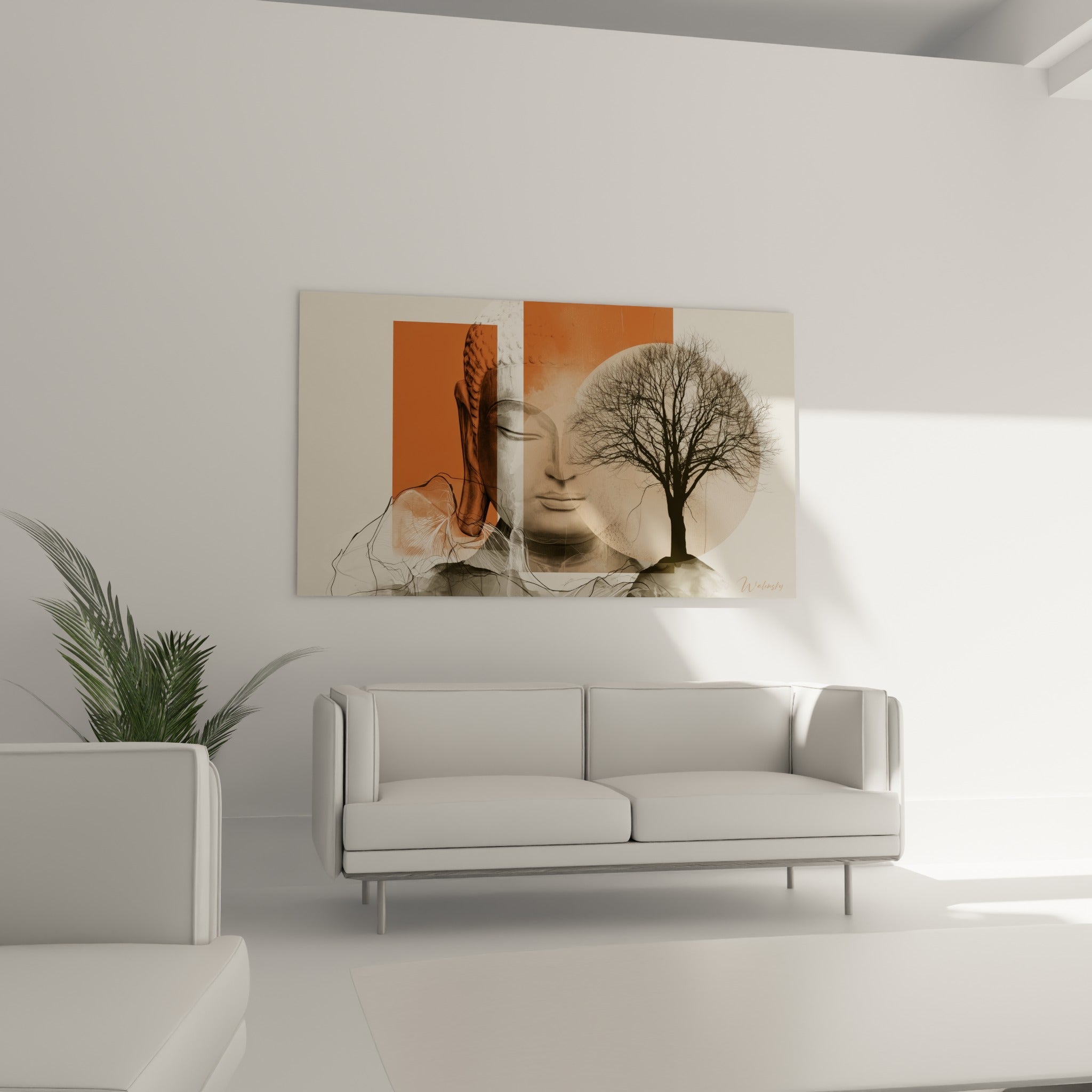 Bouddha méditatif entouré d'un arbre noir graphique, au-dessus d'un canapé dans un salon lumineux