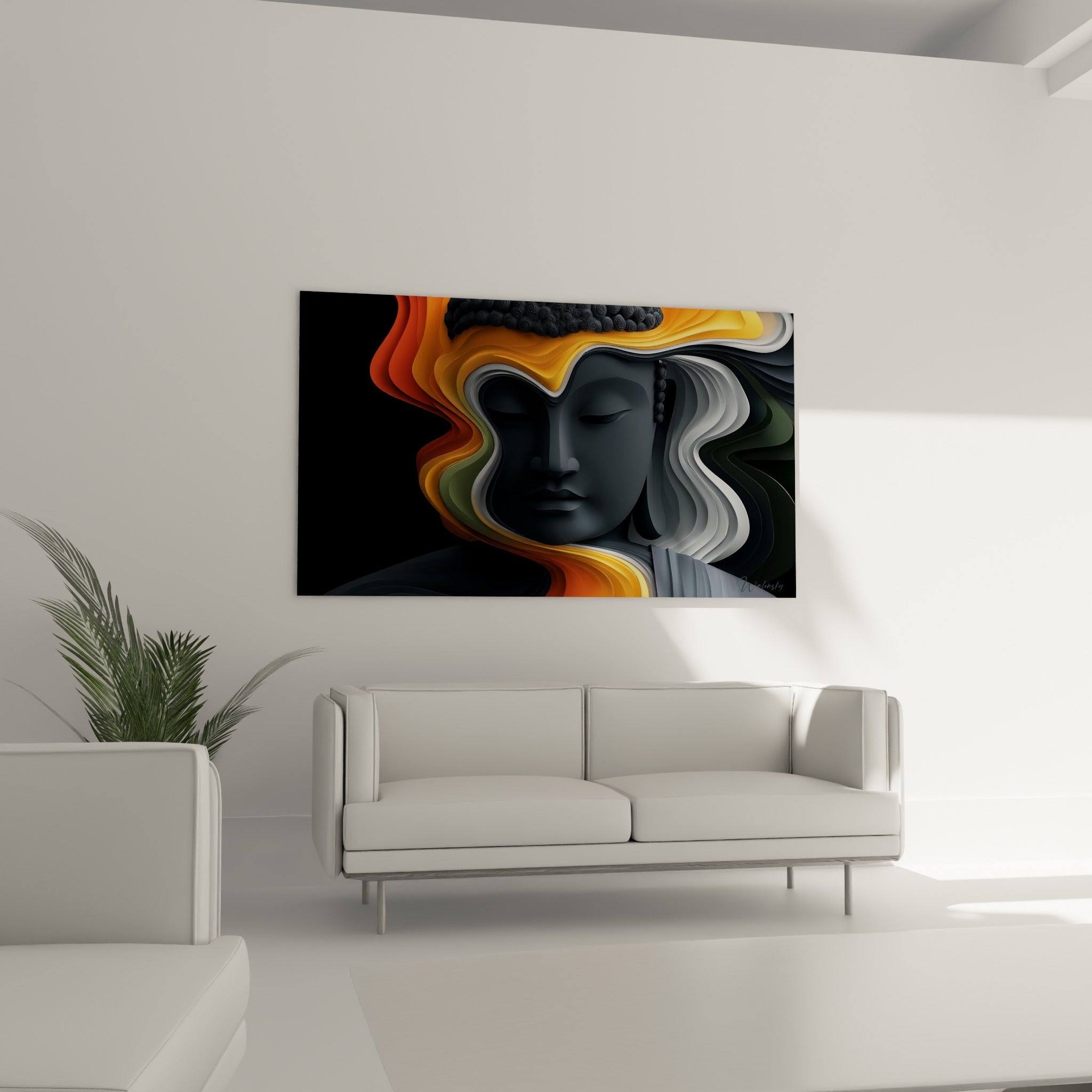 Profil serein de Bouddha anthracite cerné d'orange, au-dessus d'un canapé dans un salon lumineux