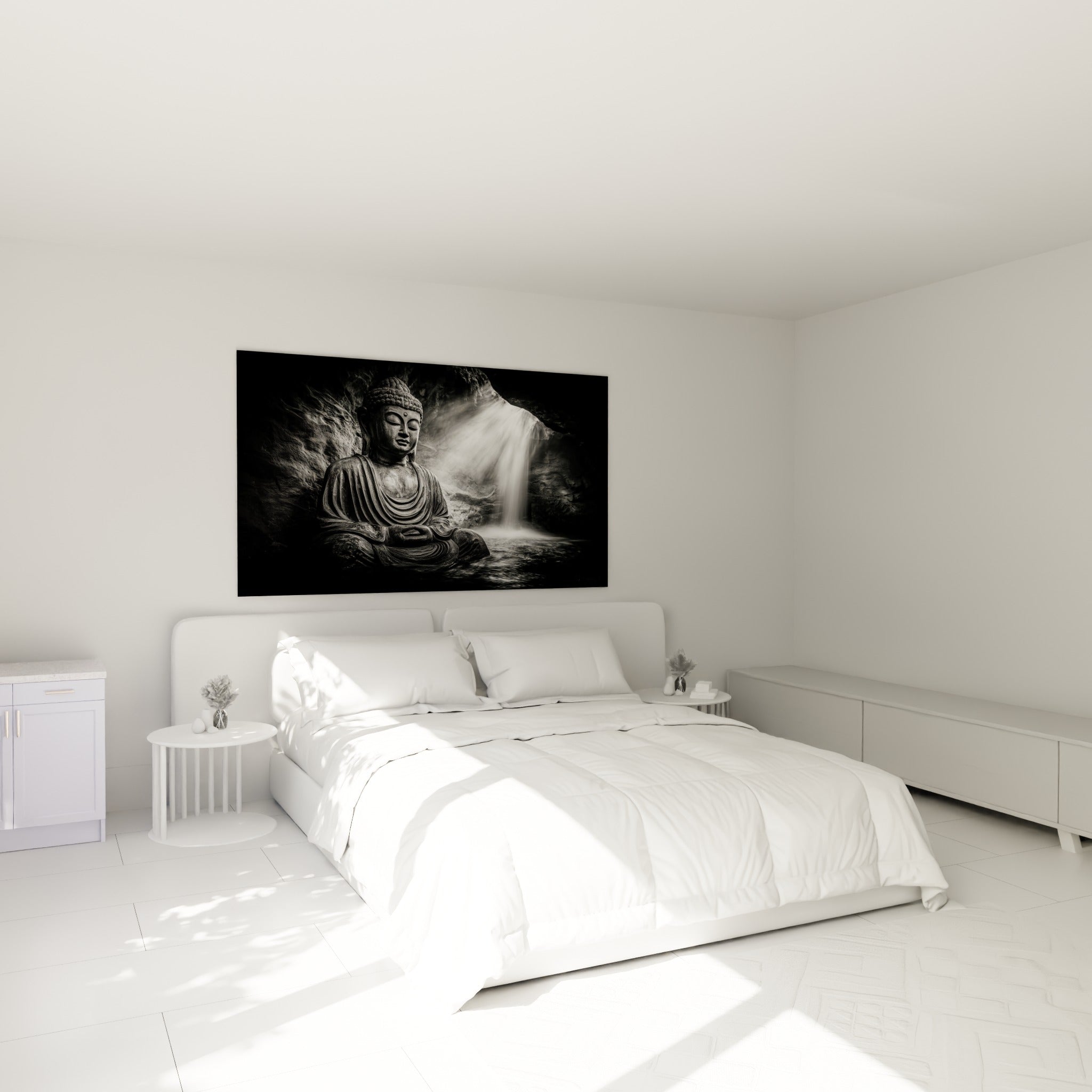 Statue de Bouddha anthracite en méditation au-dessus d'un lit dans une chambre claire