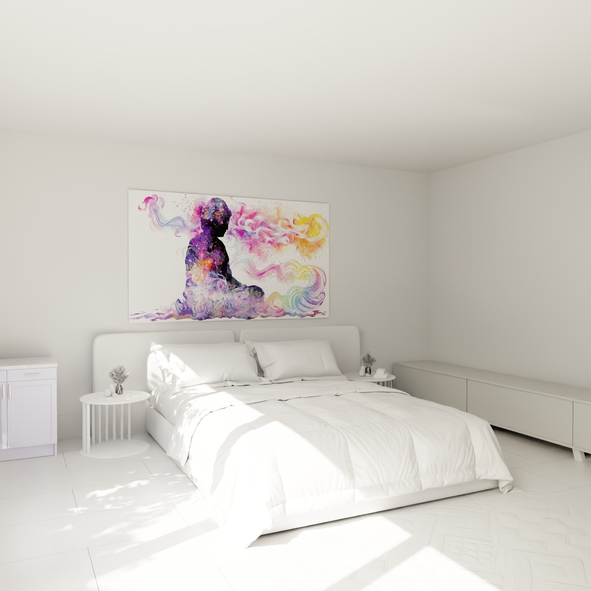 Méditation en violet et doré du Bouddha au-dessus d'un lit dans une chambre claire