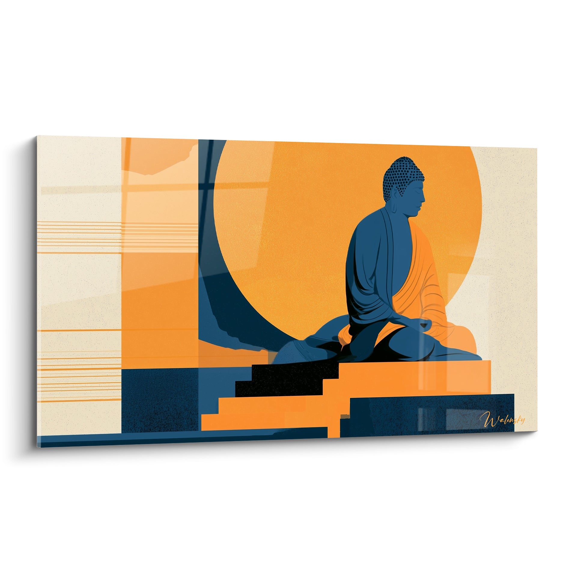 Bouddha assis en méditation, silhouette bleu marine sur disque orange, style graphique épuré