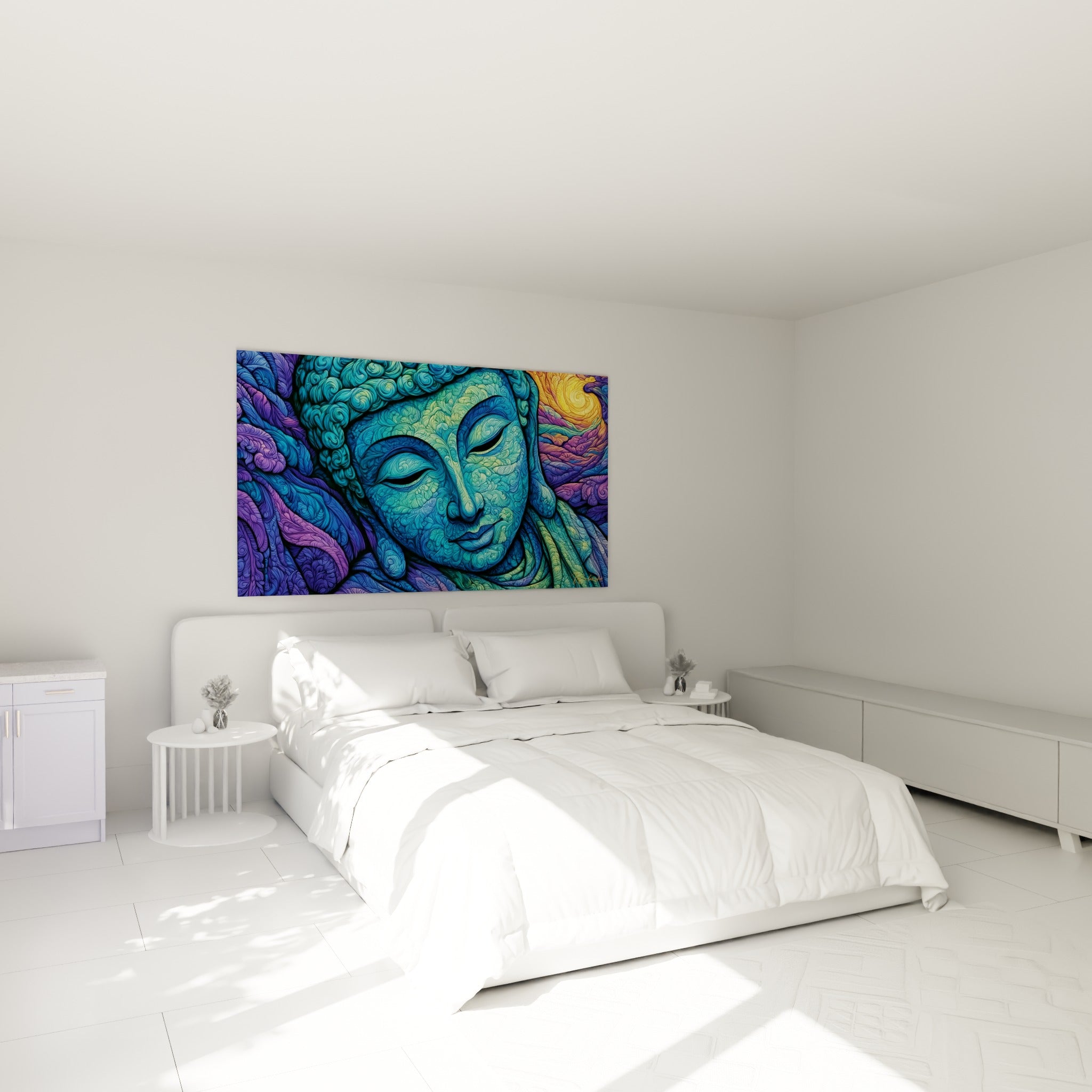 Bouddha méditatif en dégradés turquoise et mauve, accroché au-dessus d'un lit dans une chambre claire