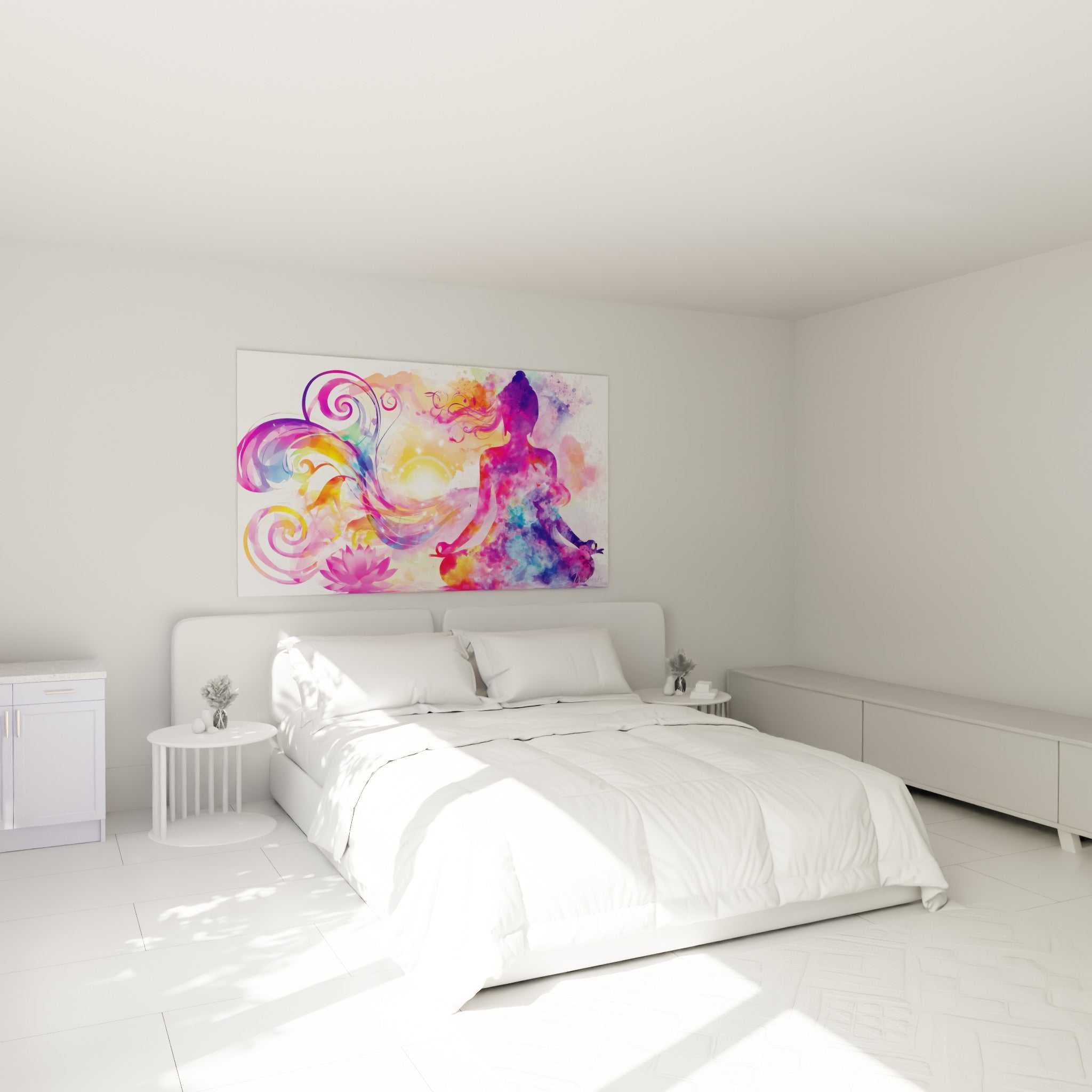 Silhouette Bouddha rose et turquoise en tailleur, accrochée au-dessus d'un lit dans une chambre claire
