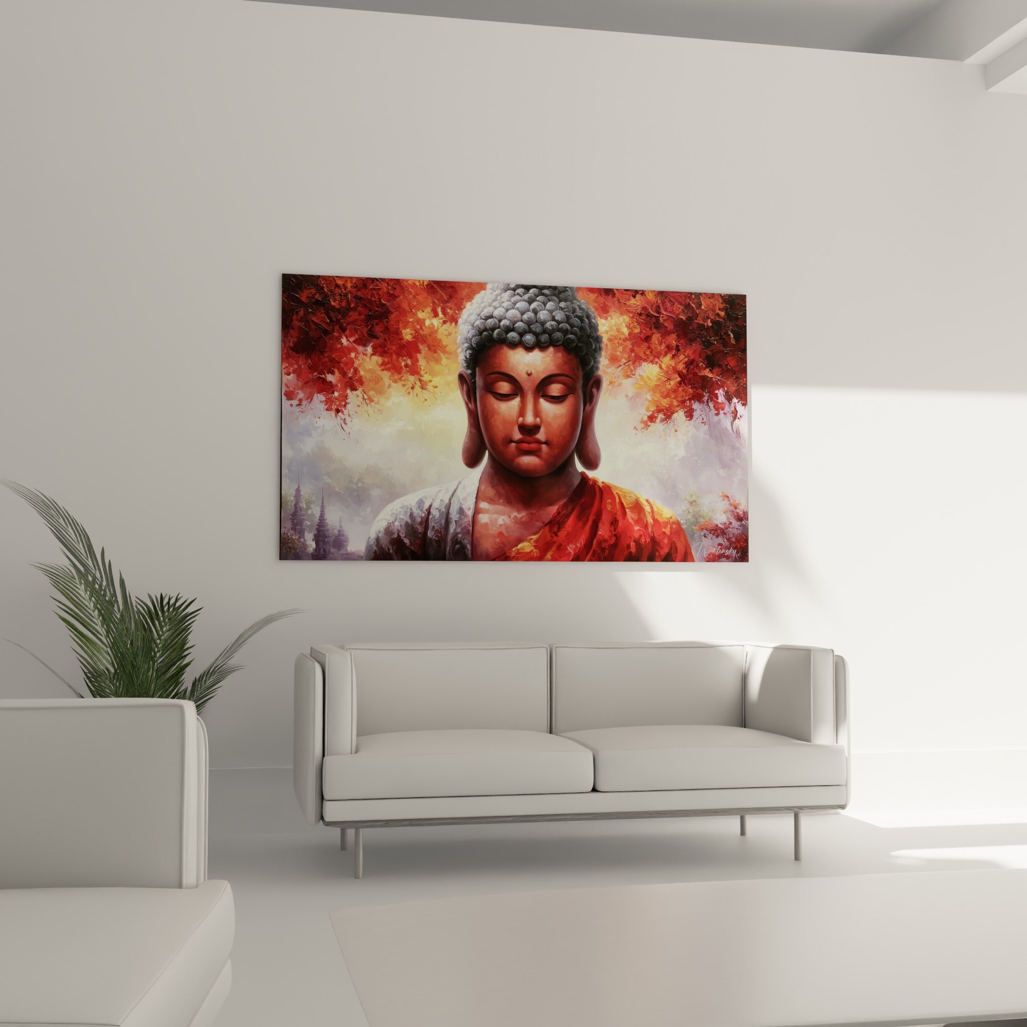 Regard clos du Bouddha sur fond de feuillage écarlate et ambré, au-dessus d'un canapé dans un salon lumineux