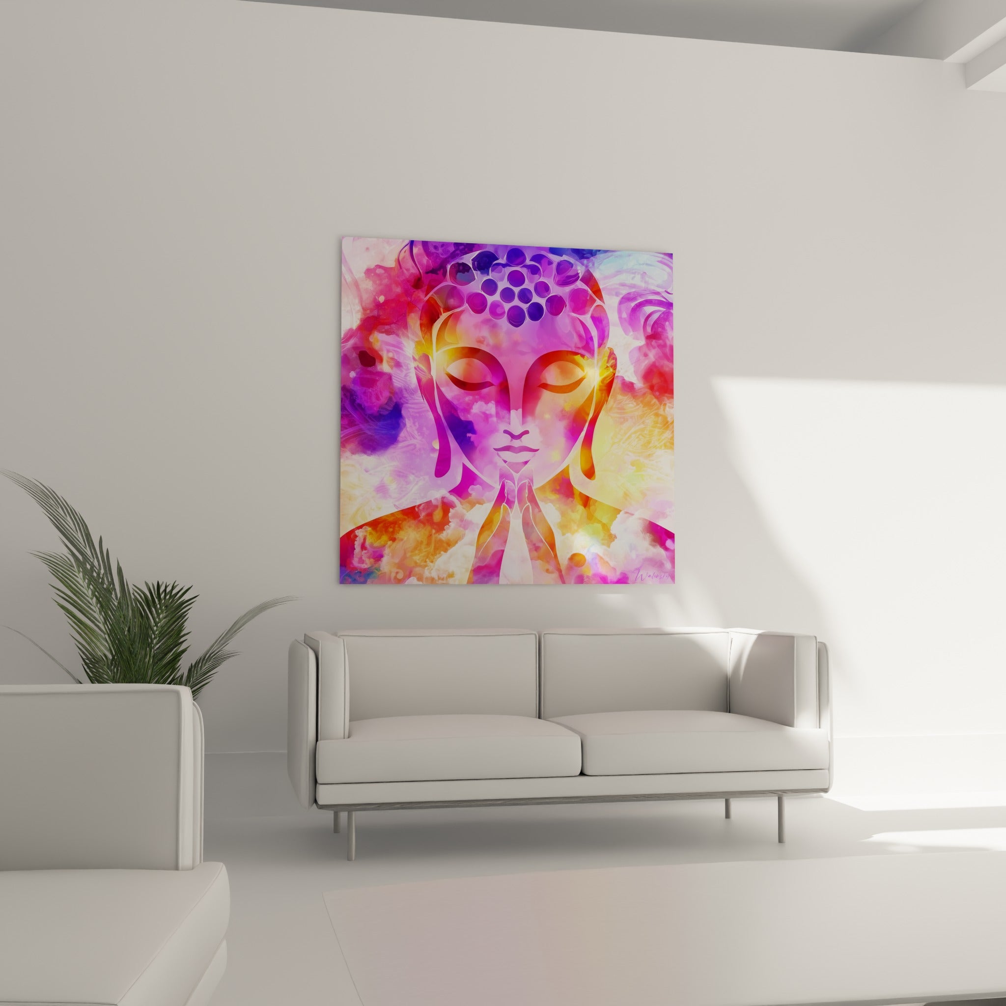 Yeux clos et teintes orangées du visage de Bouddha, au-dessus d'un canapé dans un salon lumineux