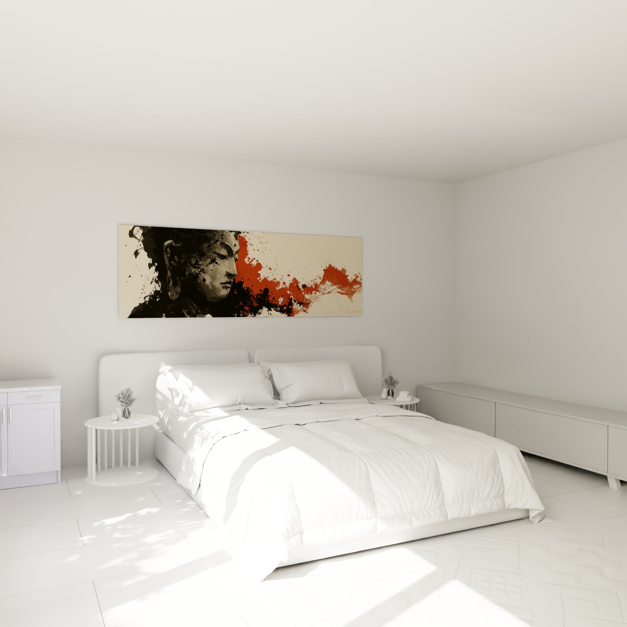 Visage de Bouddha anthracite et terracotta au-dessus d'un lit dans une chambre claire