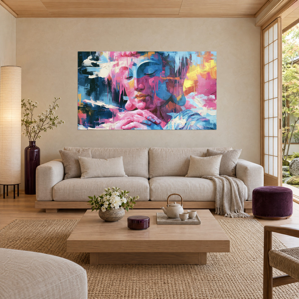 Quadro volto del Buddha con le palpebre chiuse, blu e rosa vividi, schizzi gialli, sopra un divano in un soggiorno luminoso