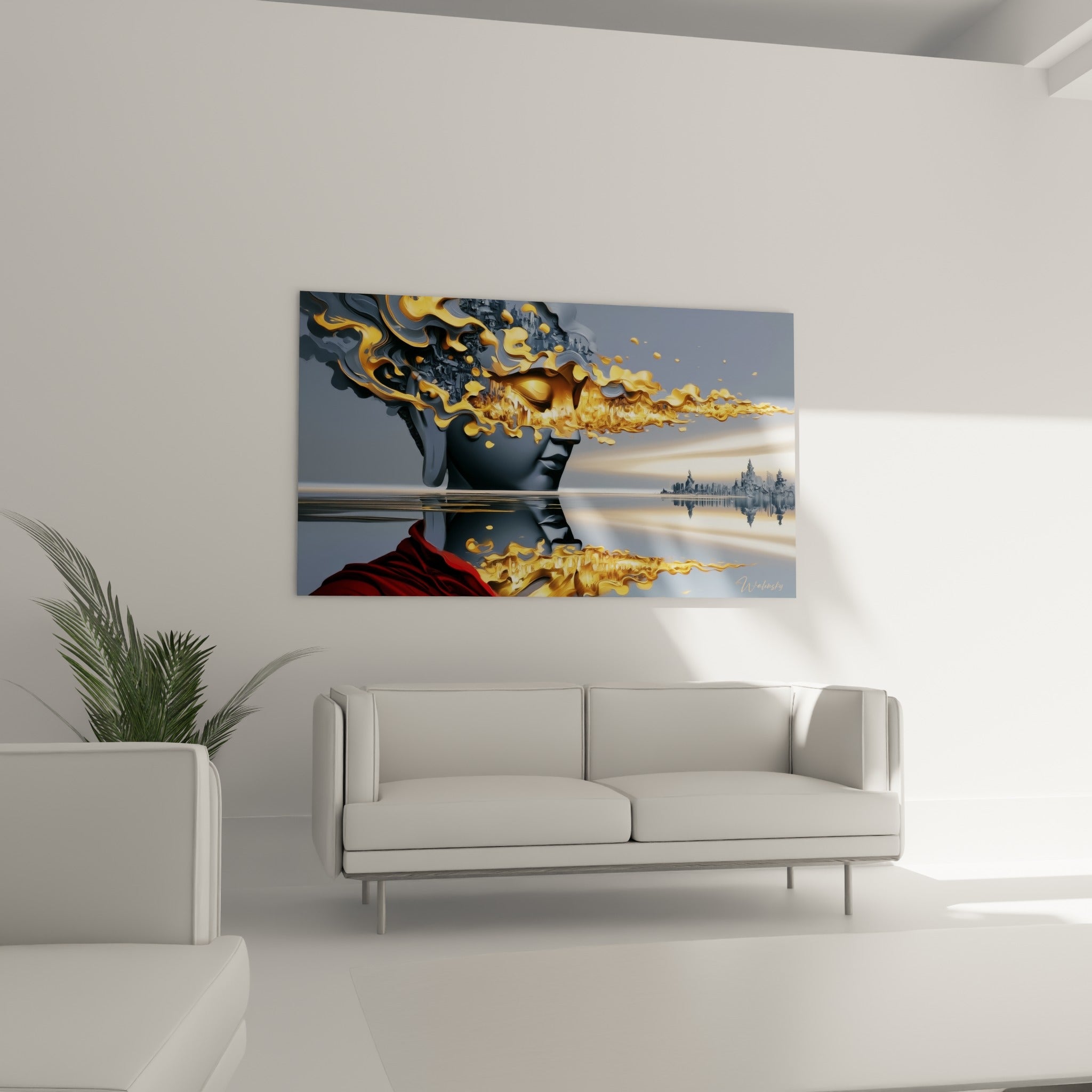 Silhouette de Bouddha gris et or à la matière fluide, accrochée au-dessus d'un canapé dans un salon lumineux