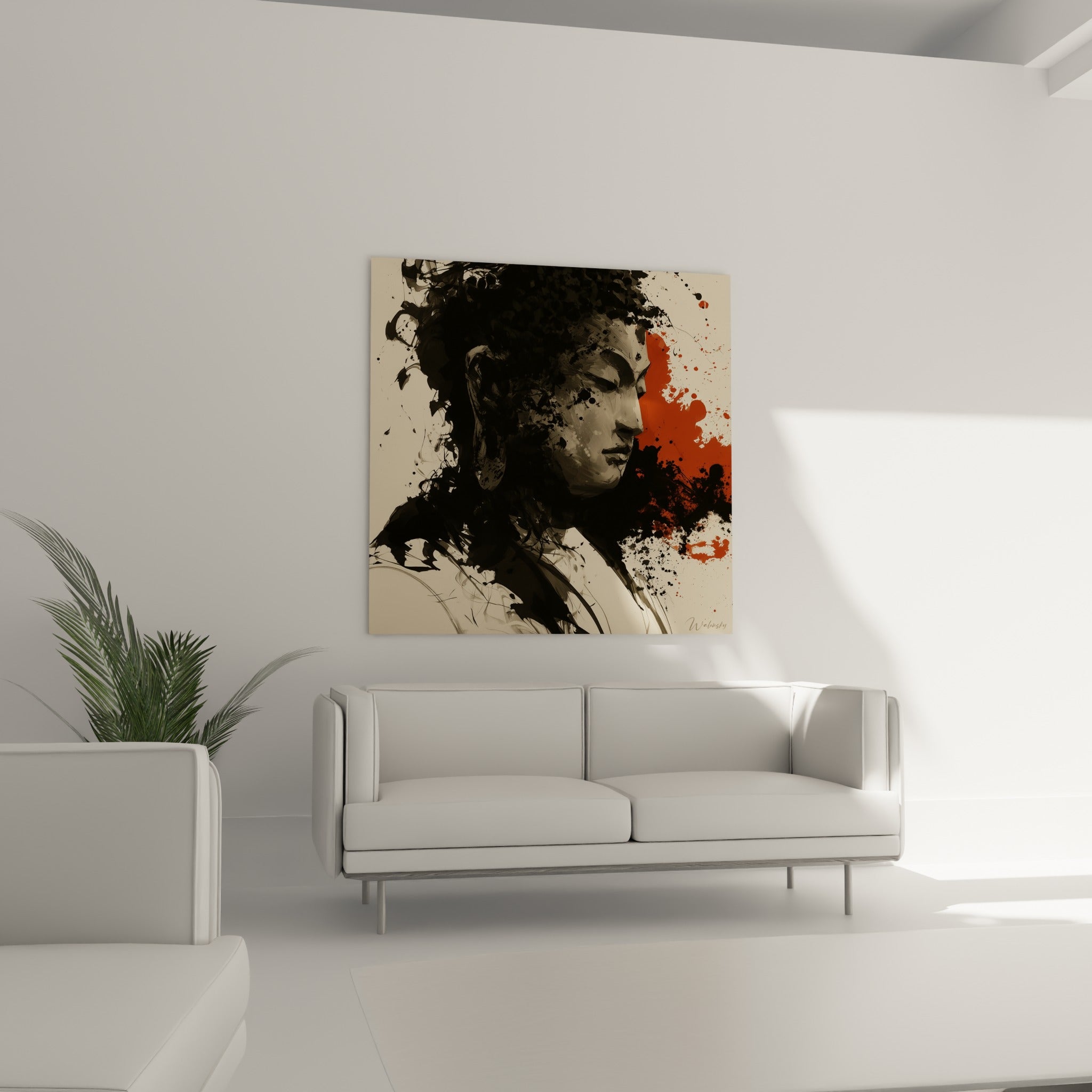 Portrait de Bouddha aux tons gris et rouge terracotta, suspendu au-dessus d'un canapé dans un salon lumineux