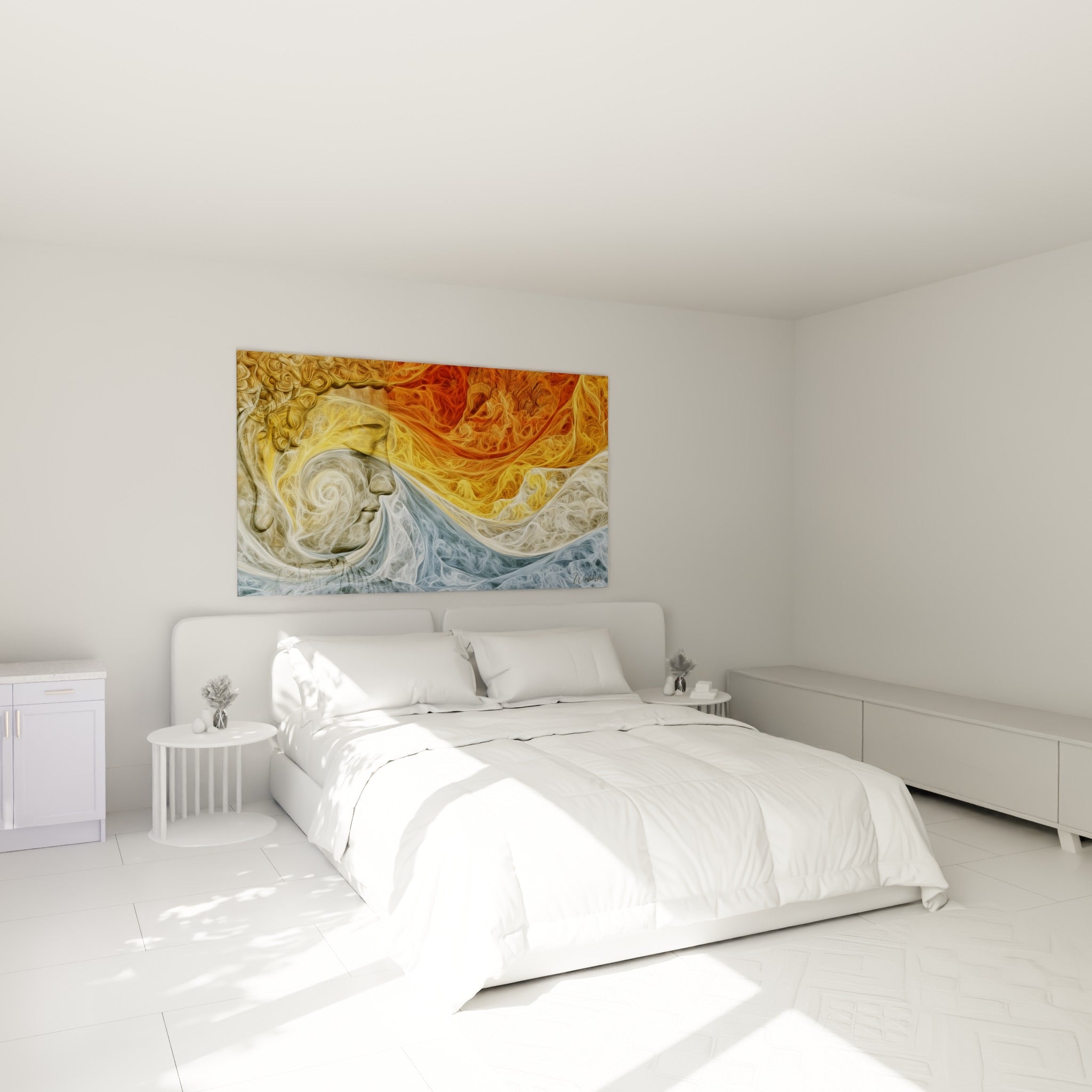 Méditation sculptée en orange et bleu pastel de Bouddha au-dessus d'un lit dans une chambre claire