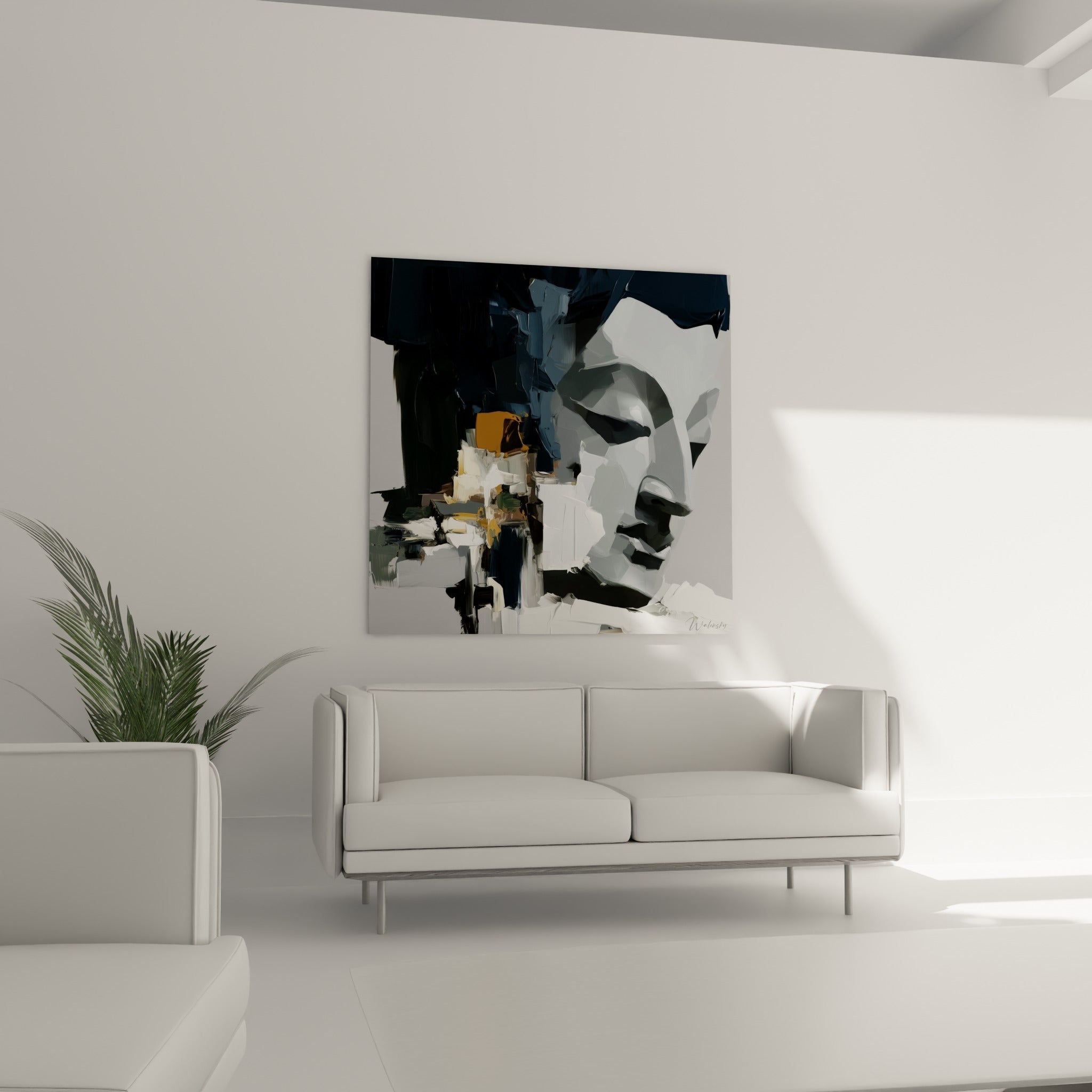 Visage de Bouddha gris et ocre à la lumière douce au-dessus d'un canapé dans un salon lumineux