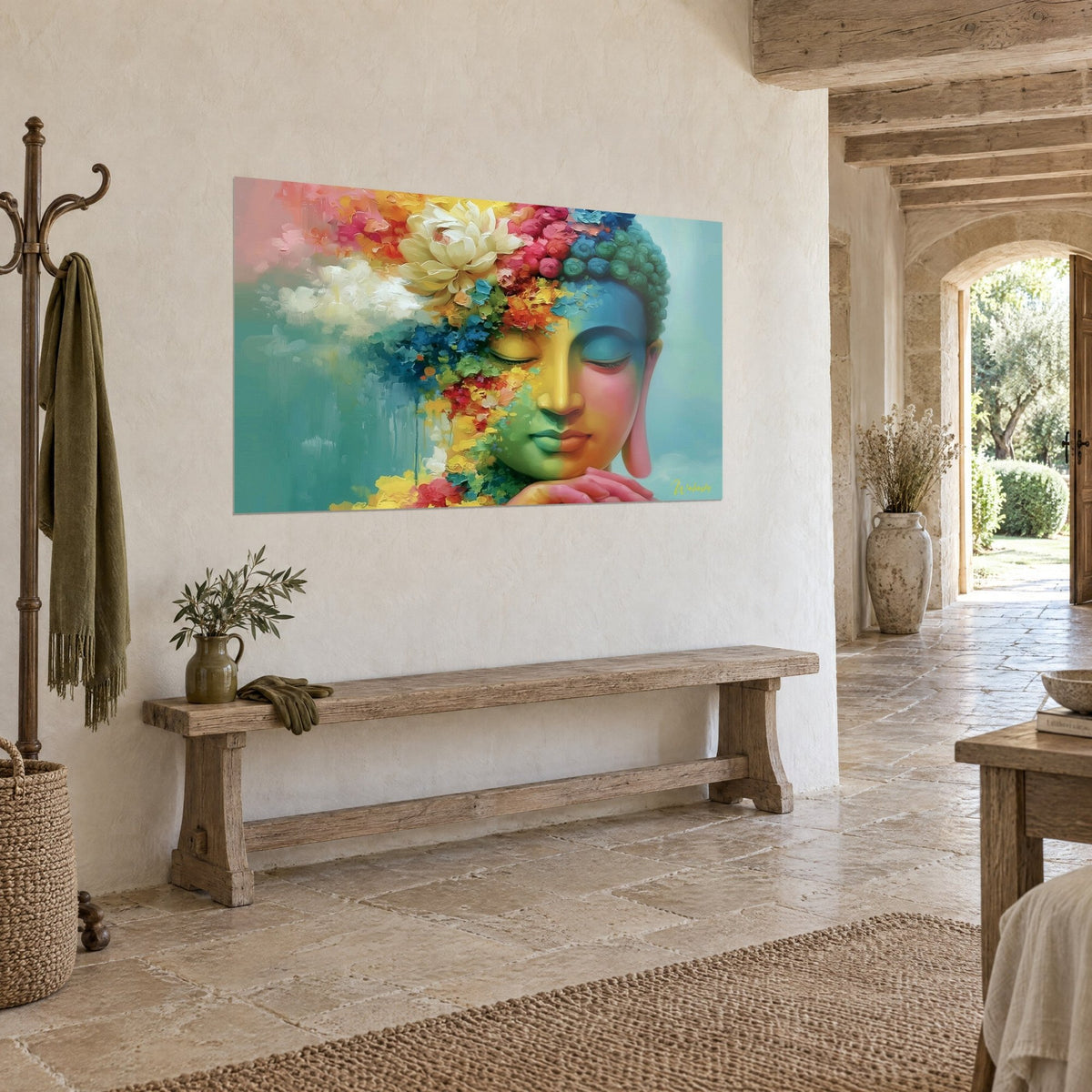 Wall art serene effigy half yellow, half blue, crowned with red and turquoise flowers, mounted on a stone wall of a country house