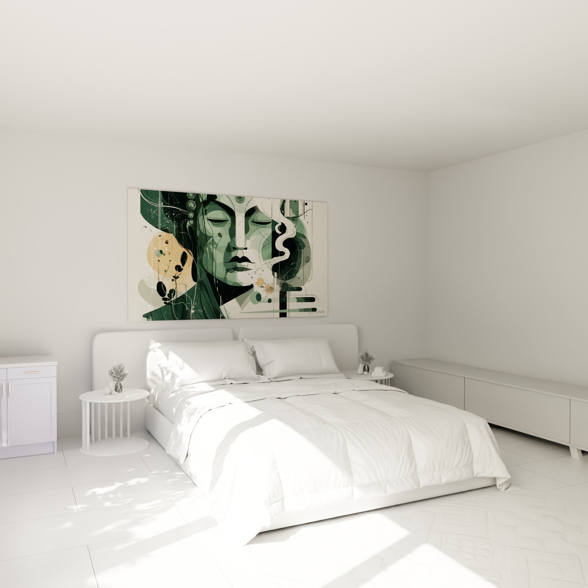 Visage de Bouddha vert sauge et ocre, méditation sereine, au-dessus d'un lit dans une chambre claire