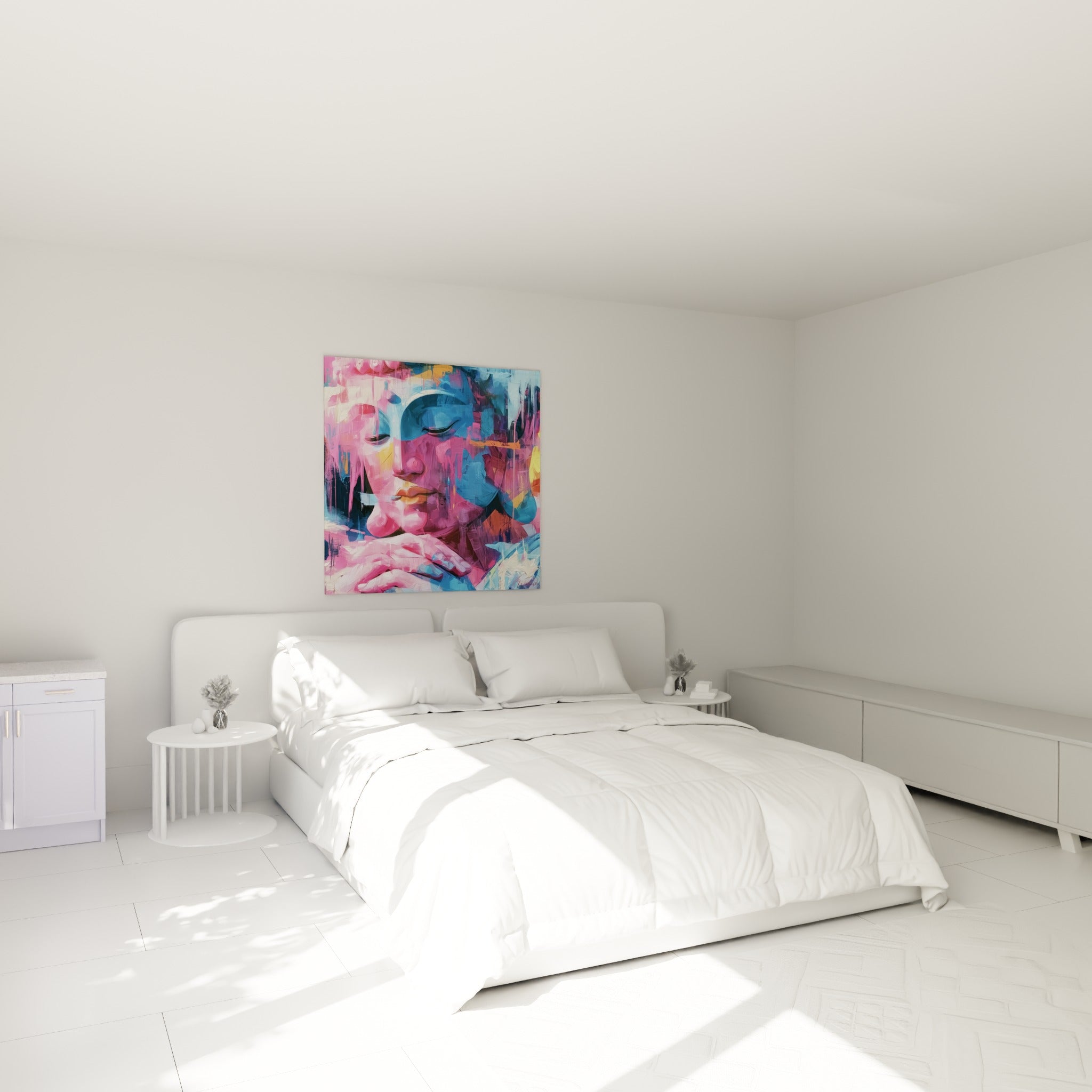 Portrait de Bouddha rose et bleu en méditation, accroché au-dessus d'un lit dans une chambre claire