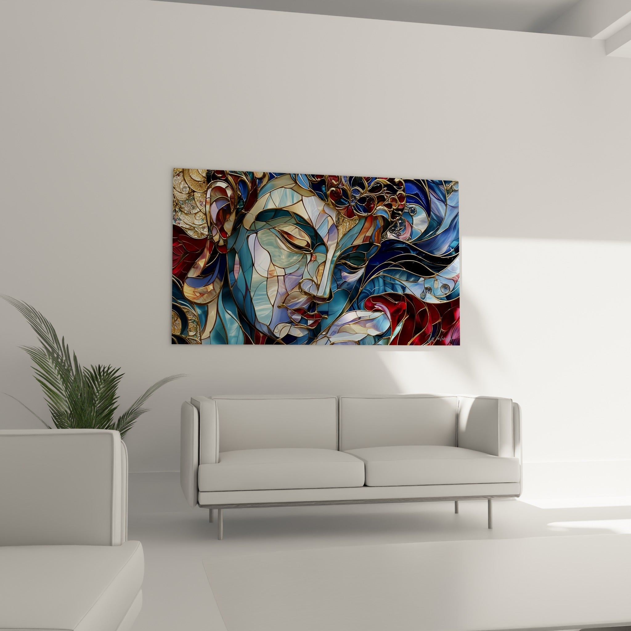 Visage serein de Bouddha en mosaïque bleue et rouge, suspendu au-dessus d'un canapé dans un salon lumineux