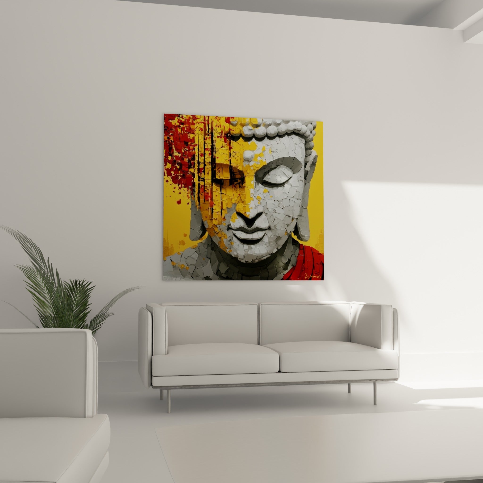 Visage du Bouddha en pierre grise éclaboussé de jaune vif, accroché au-dessus d'un canapé dans un salon lumineux