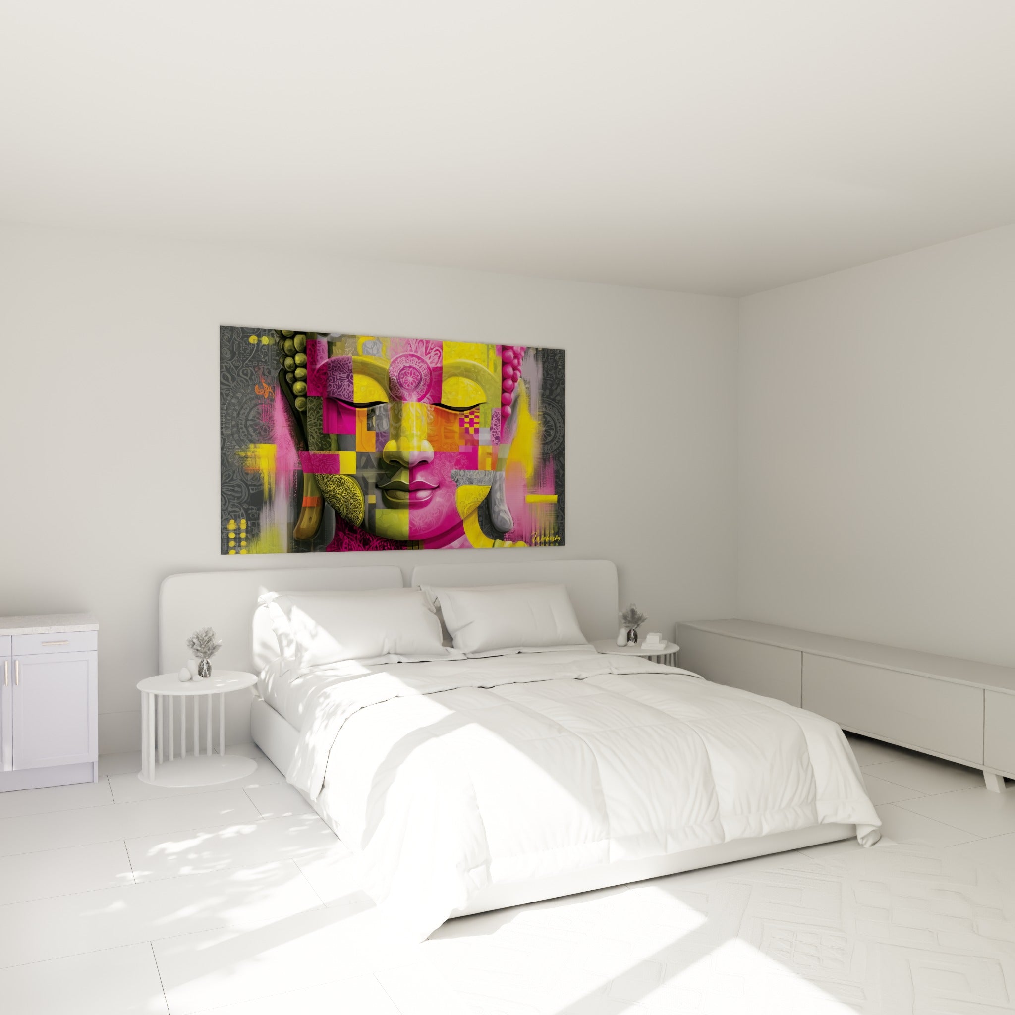 Bouddha coloré aux blocs rose et jaune, expression sereine, au-dessus d'un lit dans une chambre claire